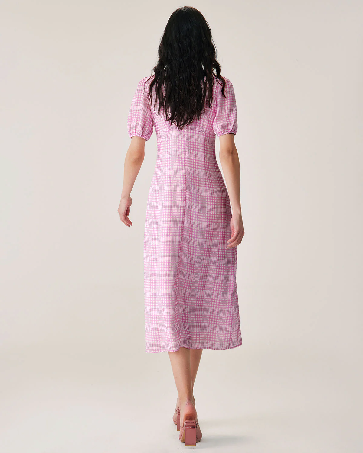 Pink Plaid V-Neck Midi Dress - Image 5