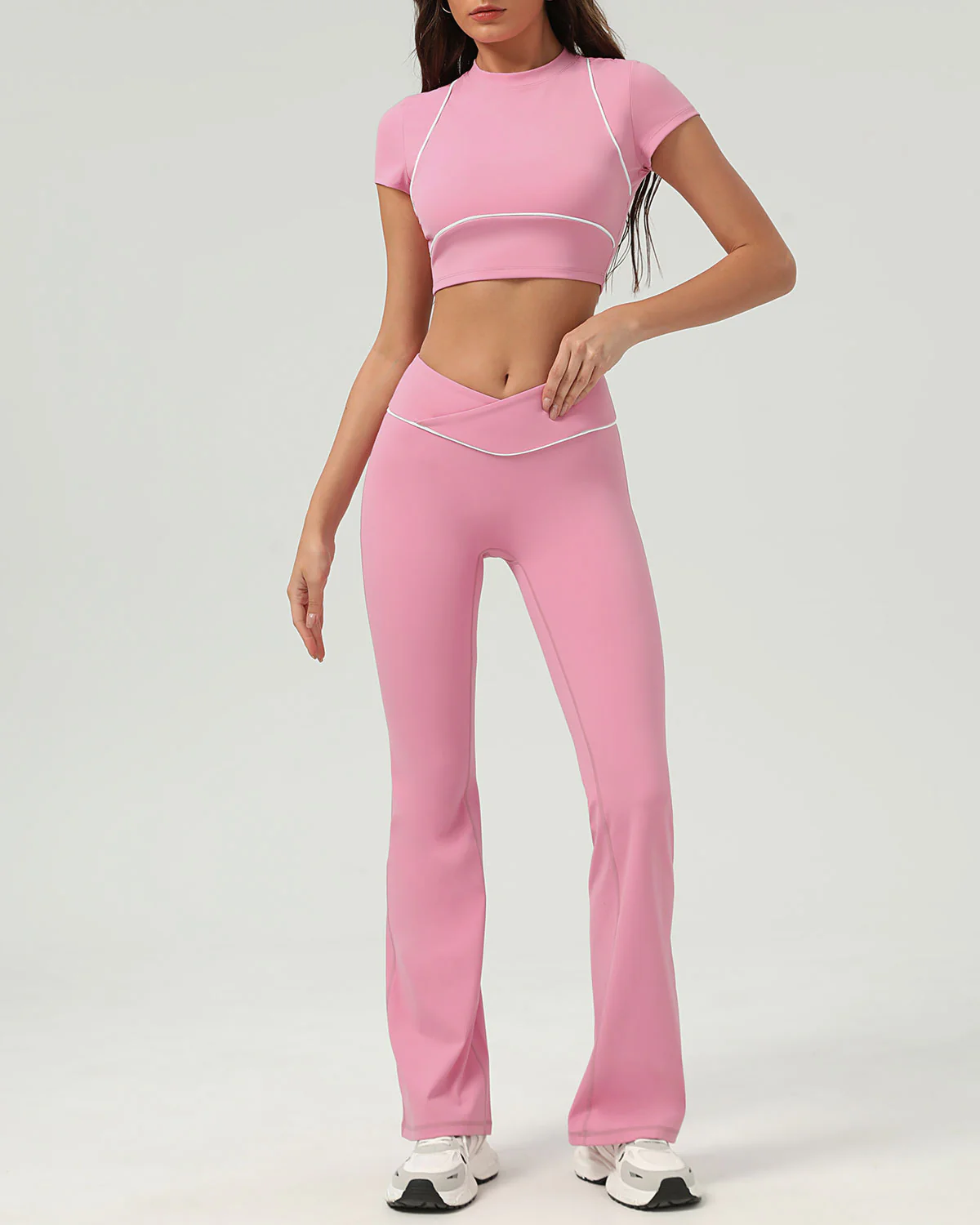 Pink Round Neck Yoga Short Sleeve Top - Light Support - Image 4