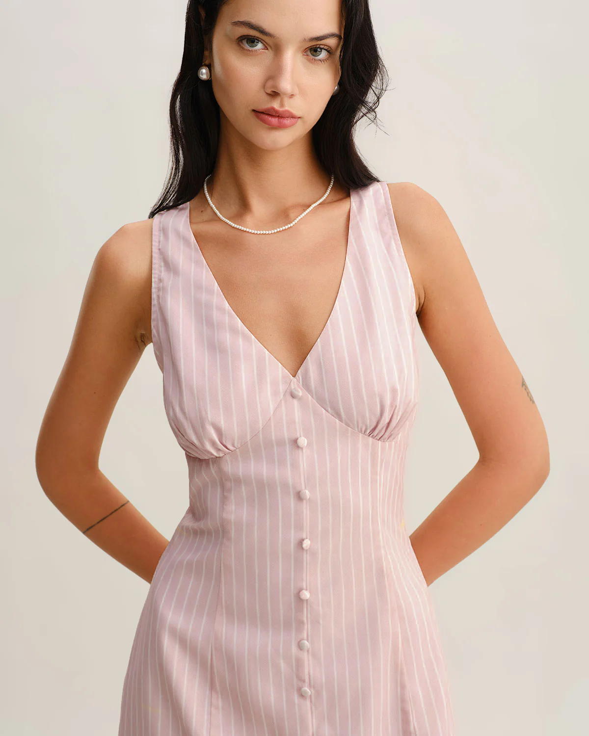 Pink Striped V Neck Sleeveless Midi Dress - Image 2