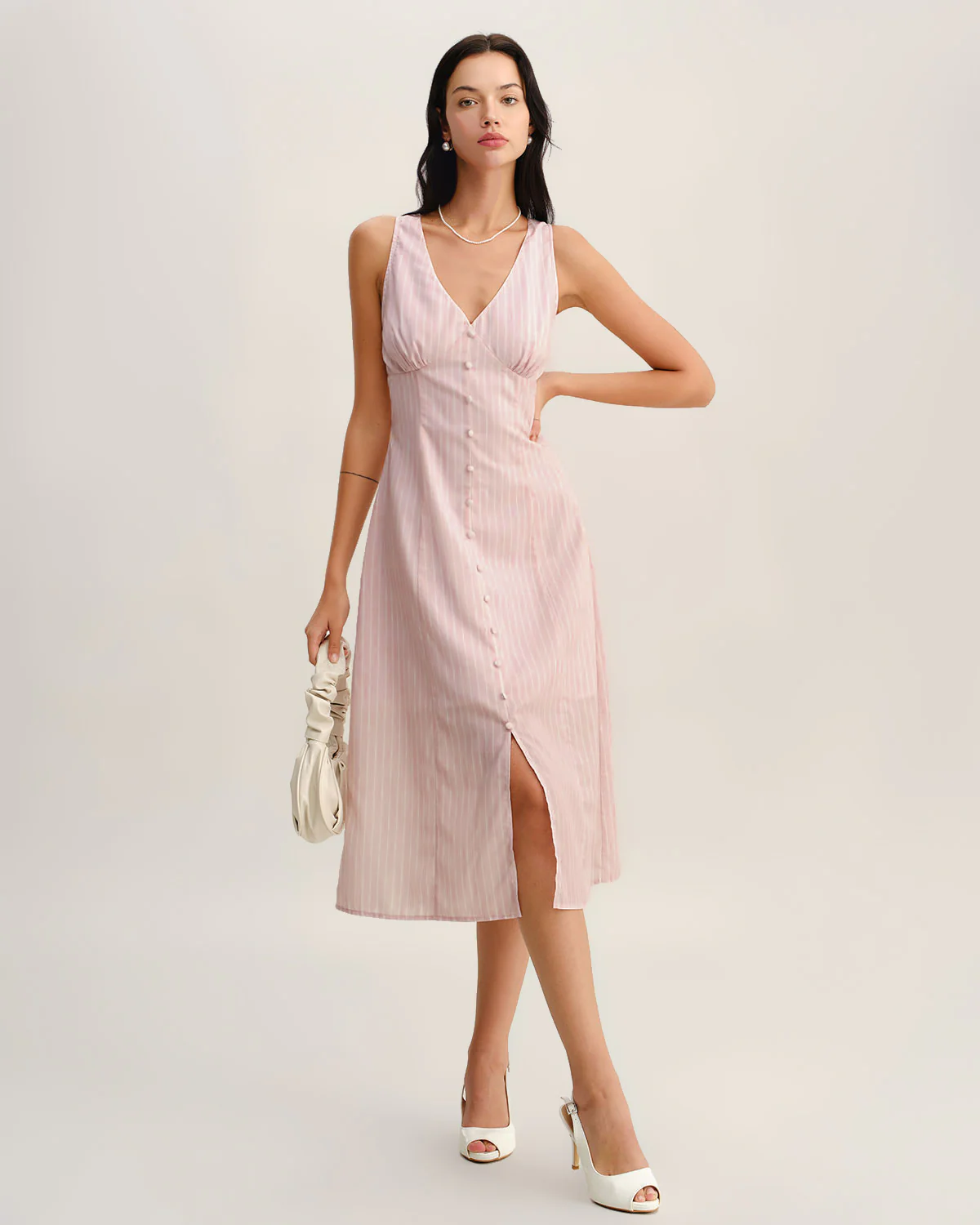 Pink Striped V Neck Sleeveless Midi Dress - Image 3