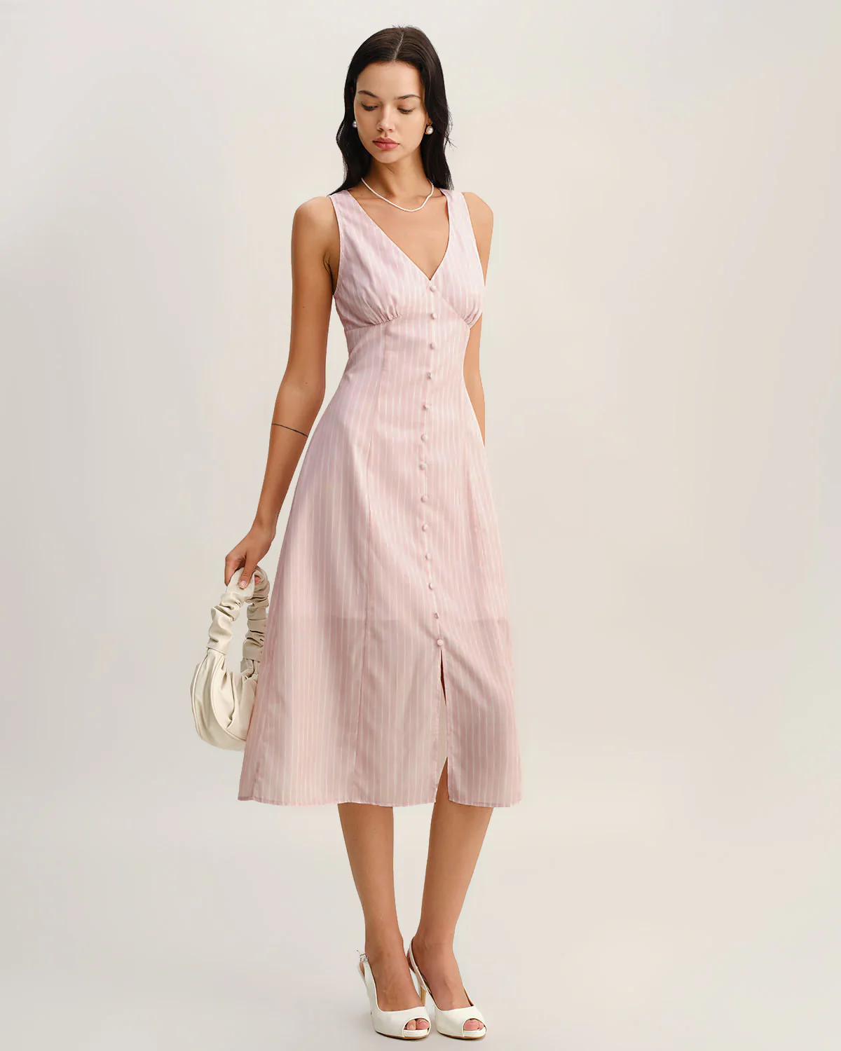 Pink Striped V Neck Sleeveless Midi Dress - Image 4