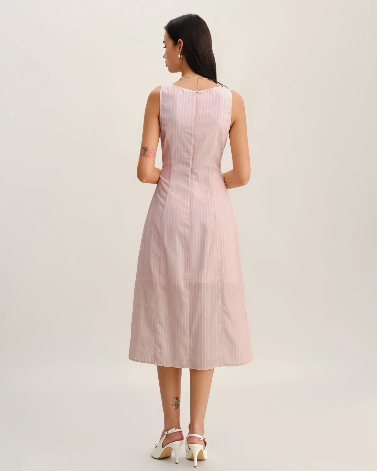 Pink Striped V Neck Sleeveless Midi Dress - Image 5