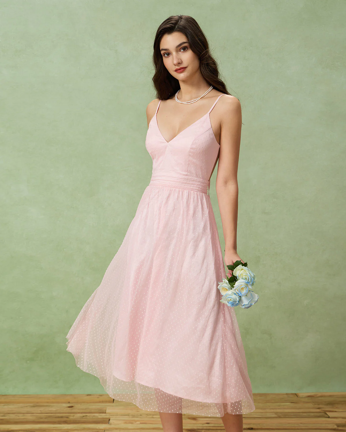 Pink V Neck Backless Slip Midi Dress - Image 3