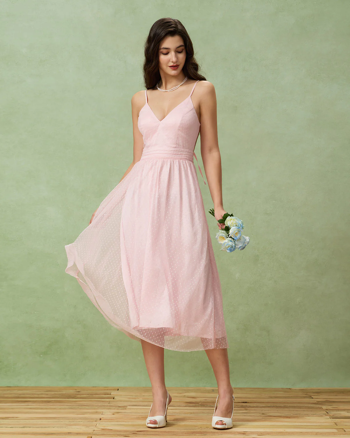 Pink V Neck Backless Slip Midi Dress - Image 4
