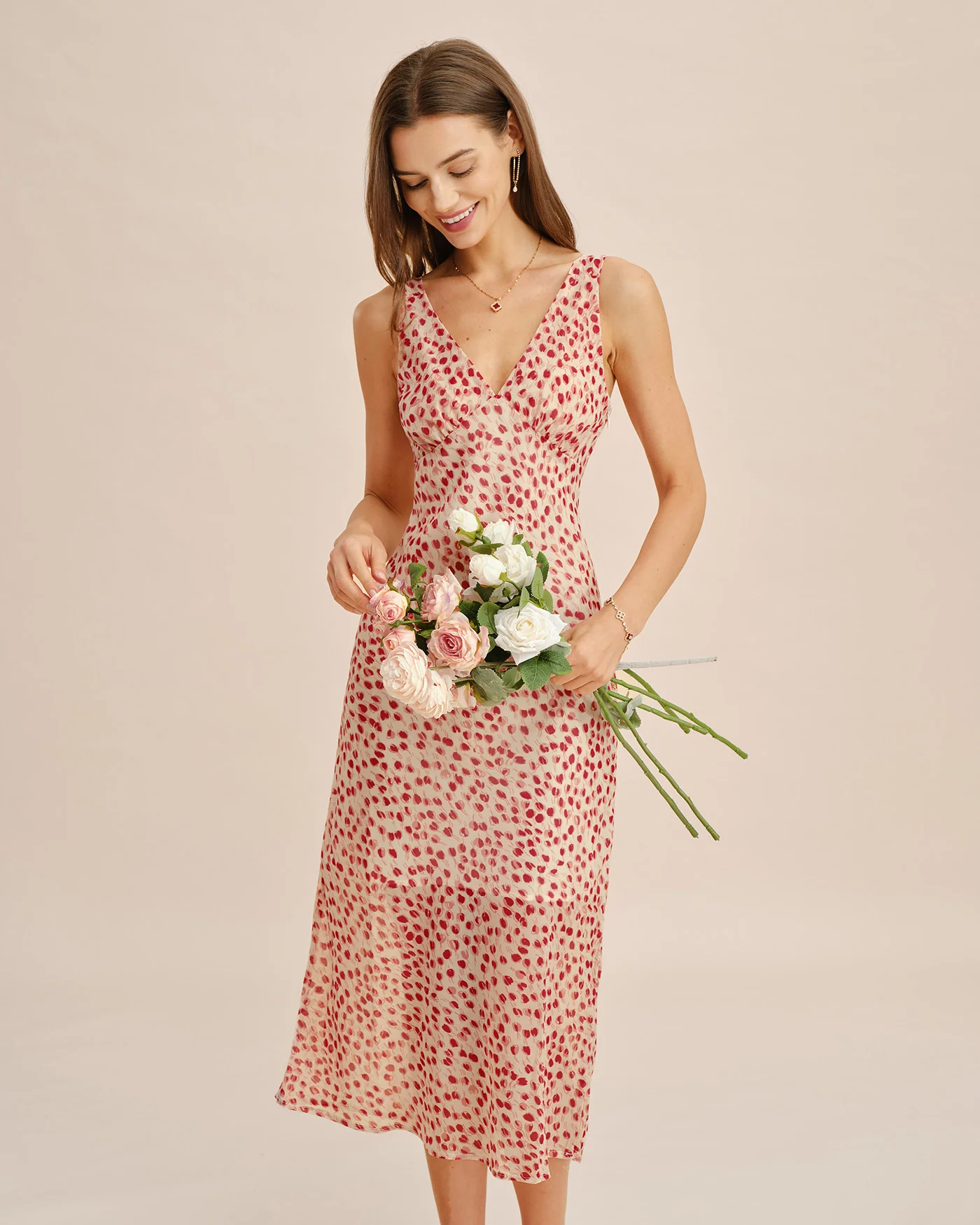 Pink V Neck Floral Midi Dress - Image 3