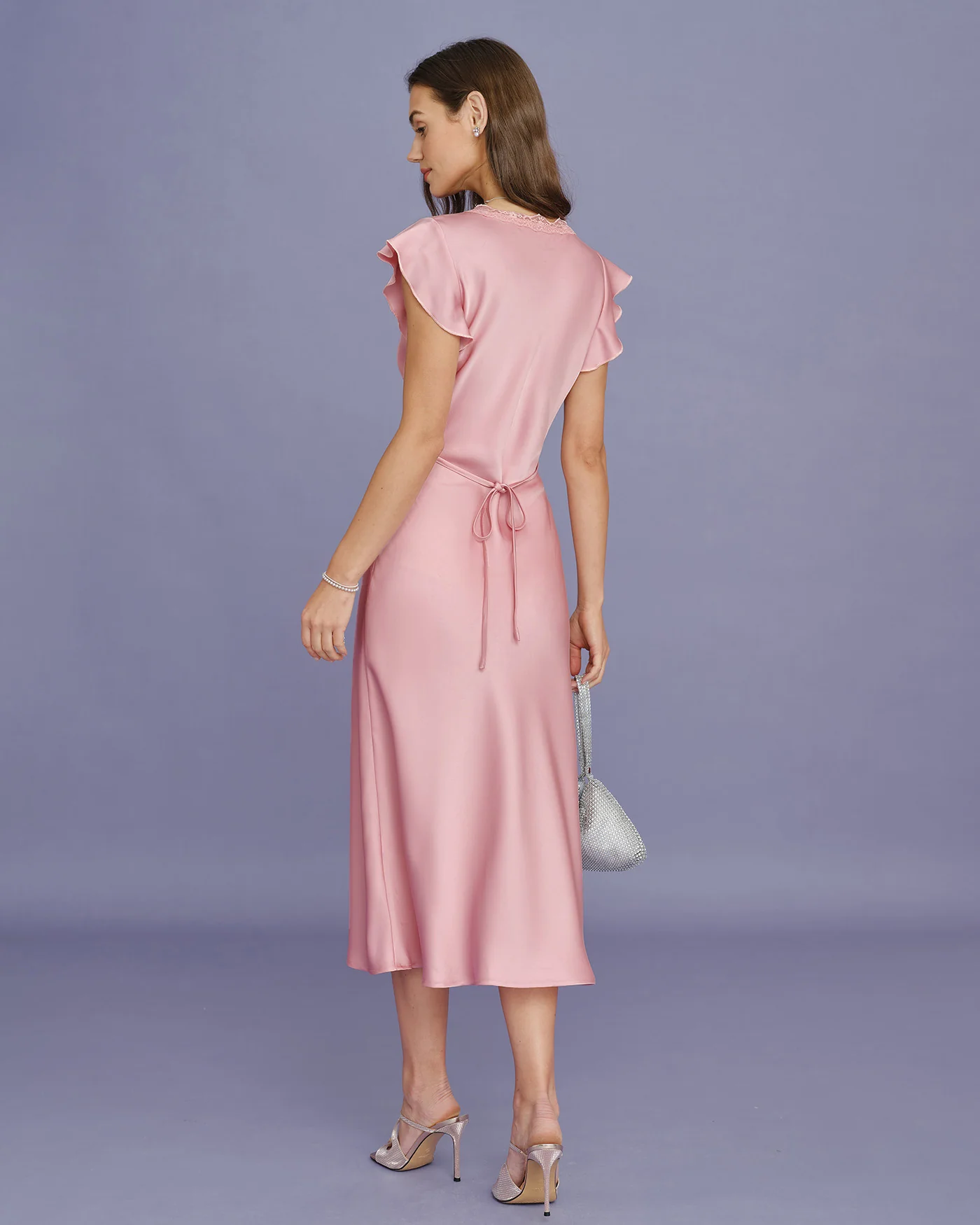 Pink V Neck Lace Satin Midi Dress - Image 4