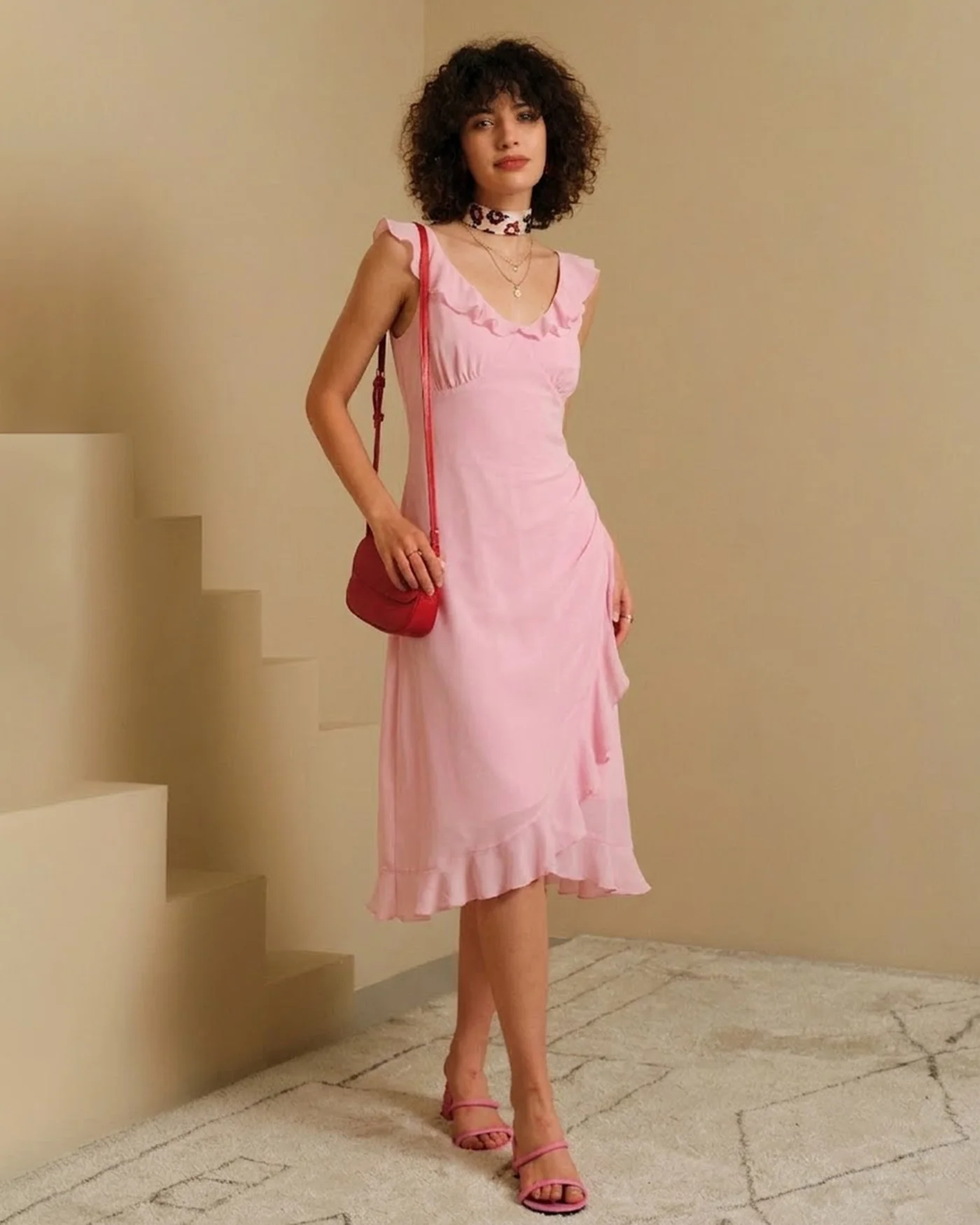 Pink V Neck Ruffle Sleeveless Midi Dress - Image 4