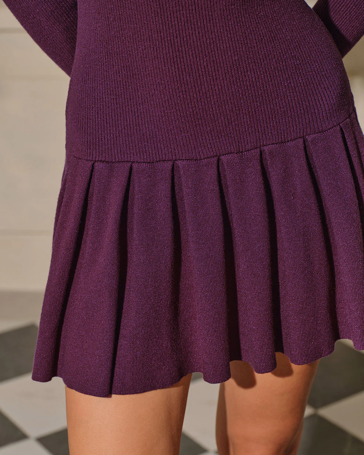 Purple A-Line Pleated Sweater Dress - Image 2