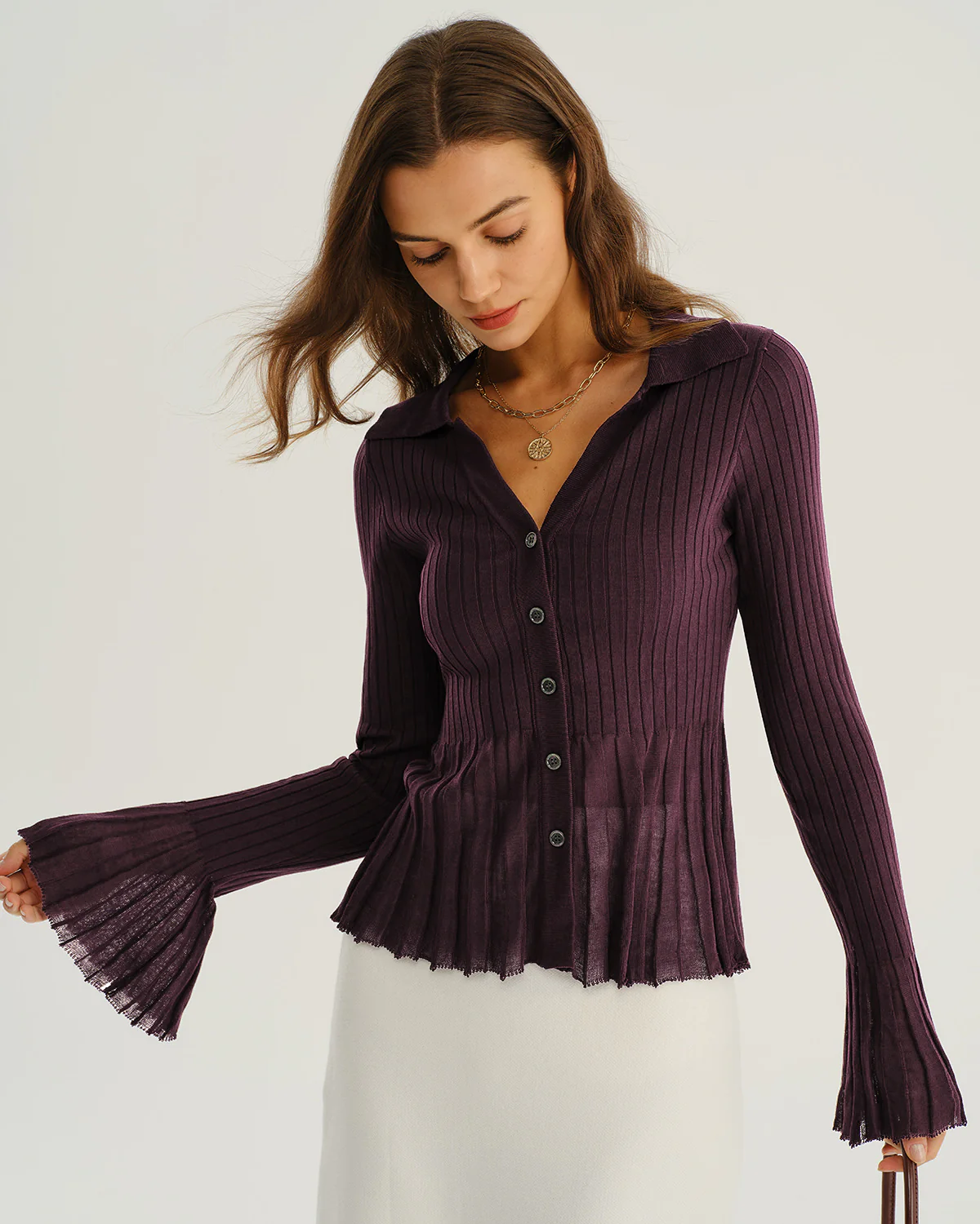Purple Button Ribbed Knit Cardigan - Image 3