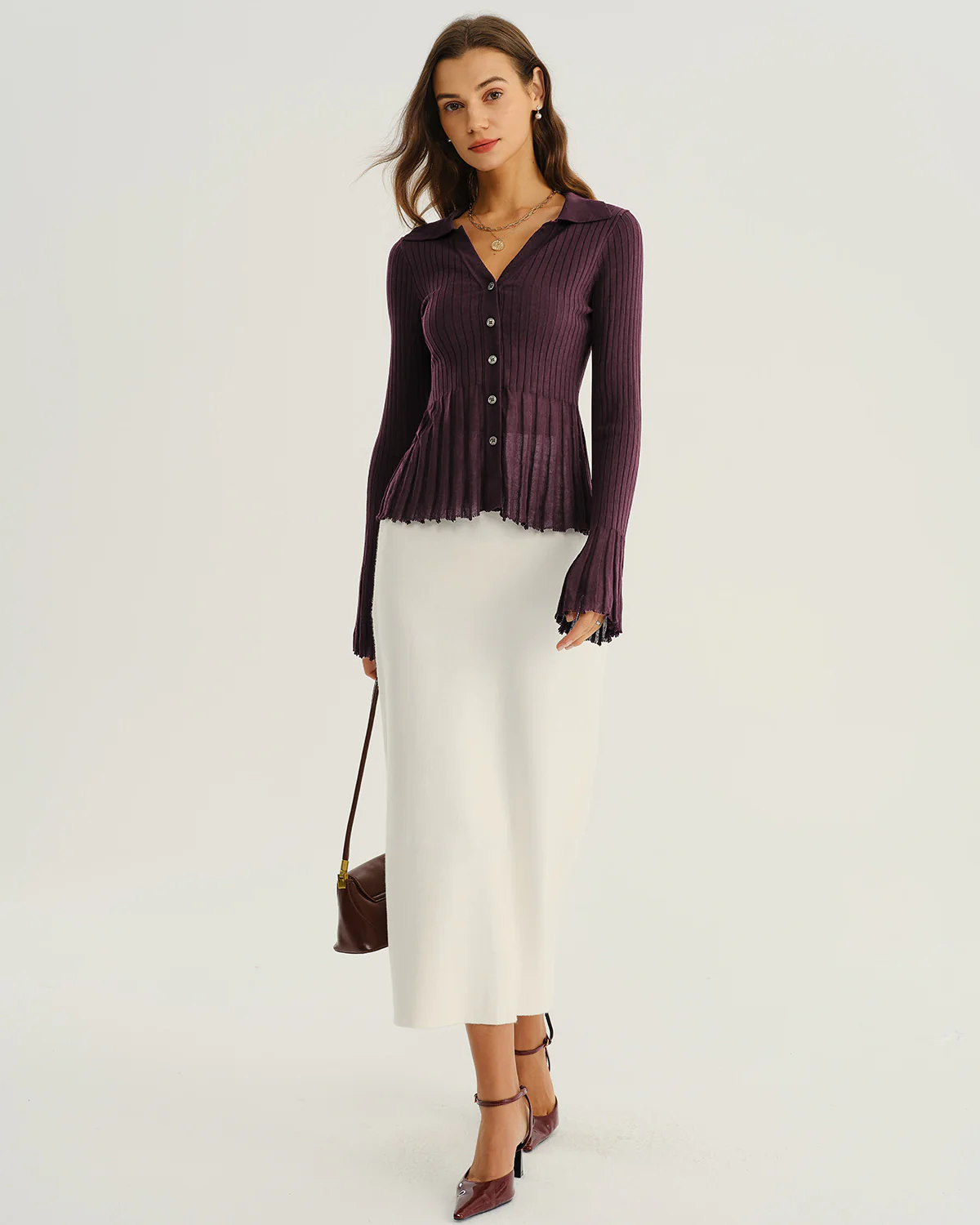 Purple Button Ribbed Knit Cardigan - Image 5