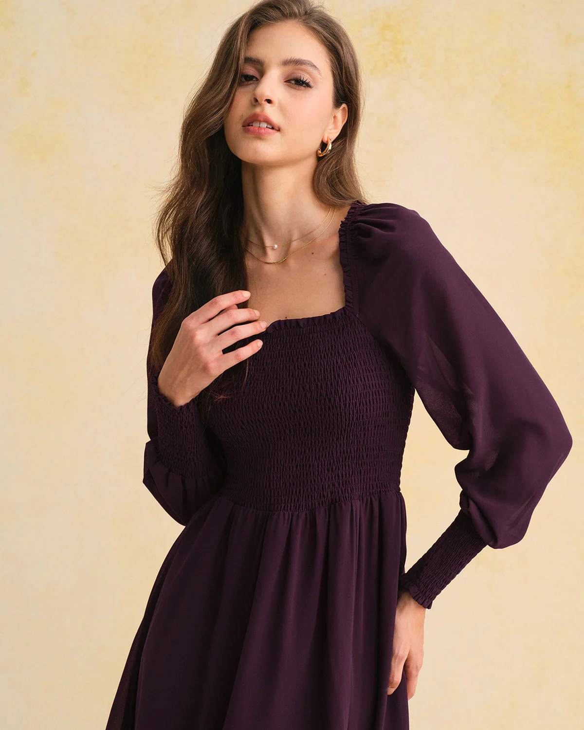 Purple Chiffon Shirred Lantern Sleeve Midi Dress - Image 2