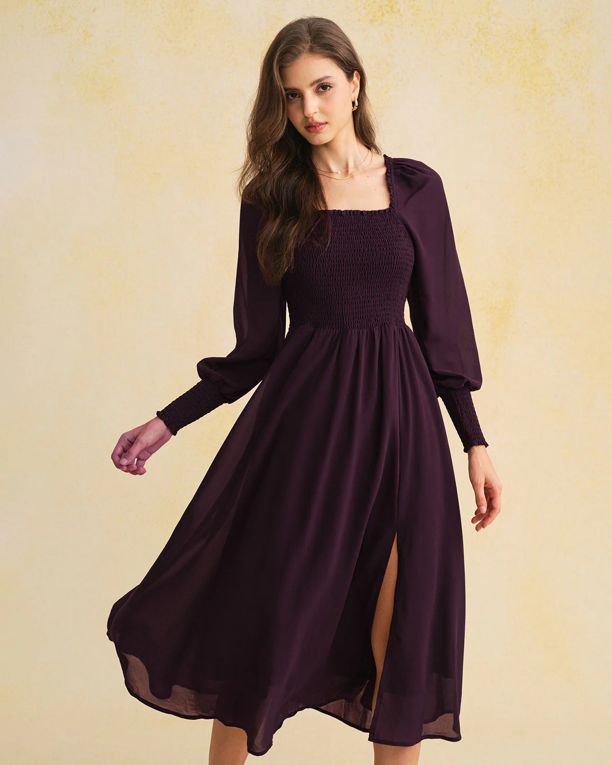 Purple Chiffon Shirred Lantern Sleeve Midi Dress - Image 3