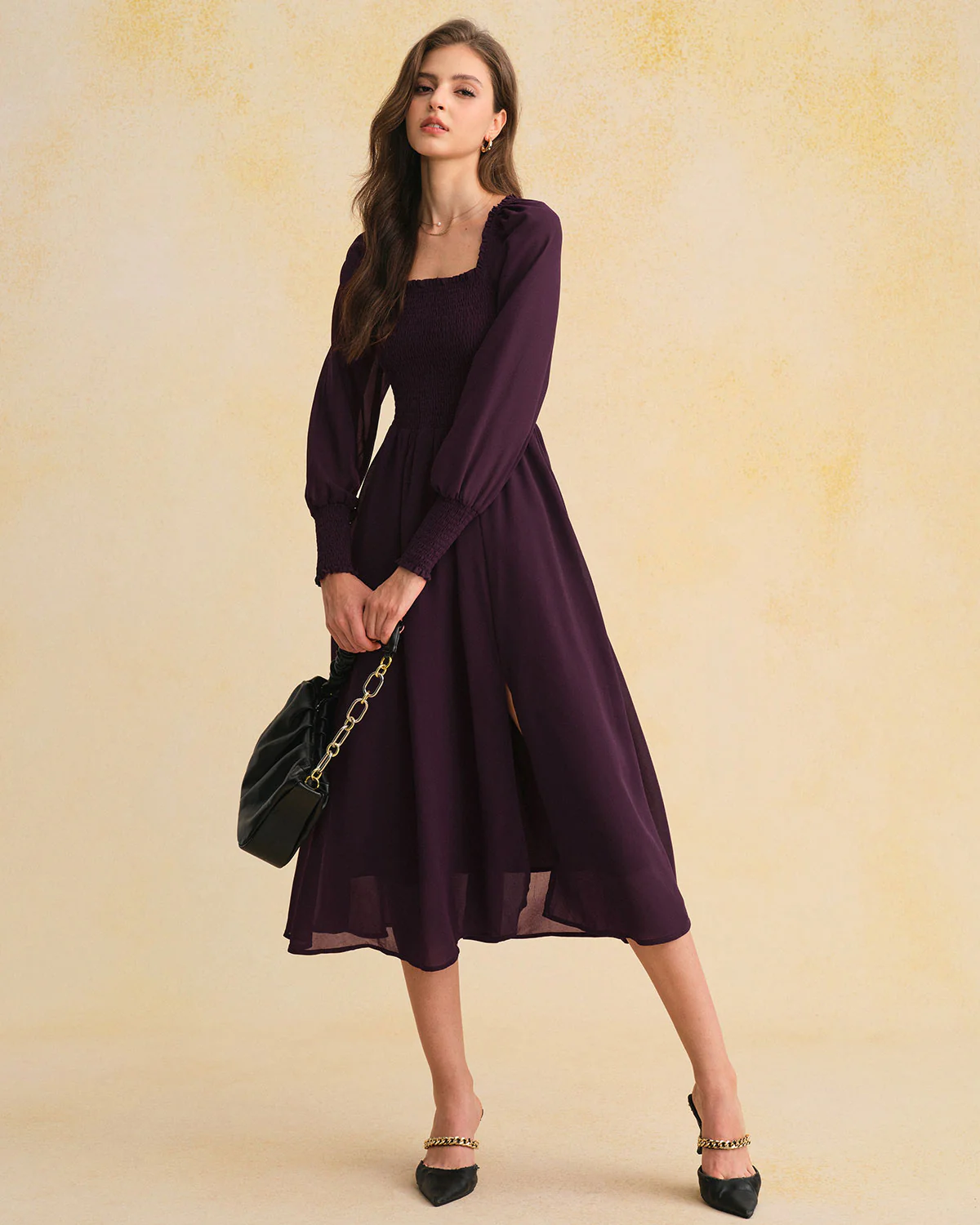 Purple Chiffon Shirred Lantern Sleeve Midi Dress - Image 4