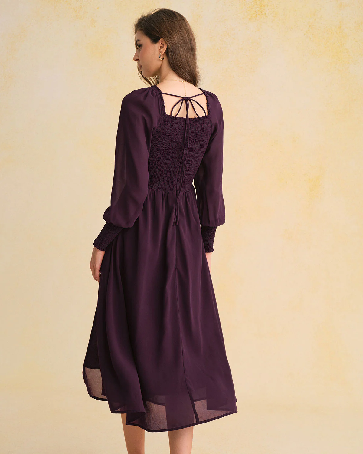 Purple Chiffon Shirred Lantern Sleeve Midi Dress - Image 5