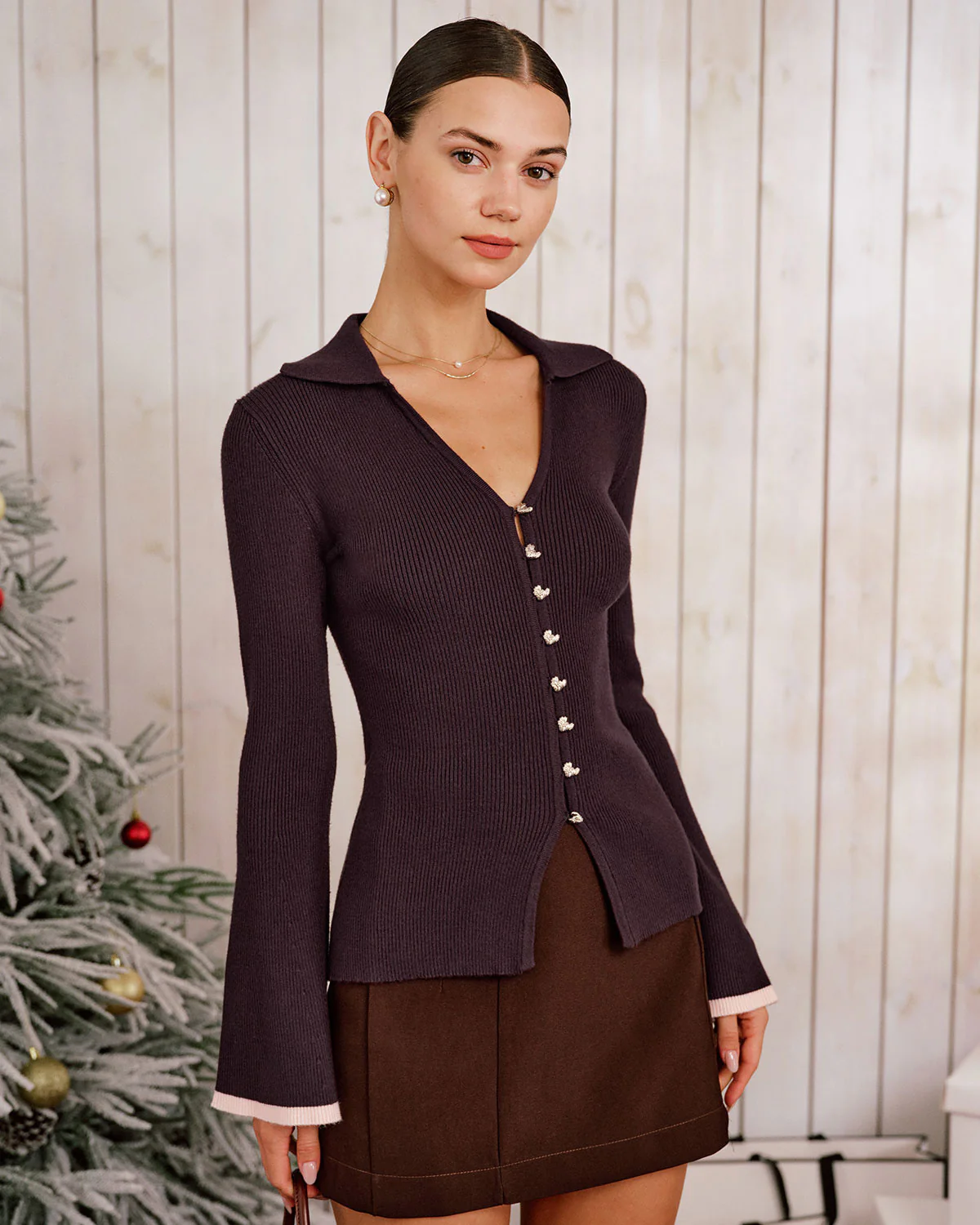 Purple Contrasting Bell Sleeve Knit Cardigan - Image 2