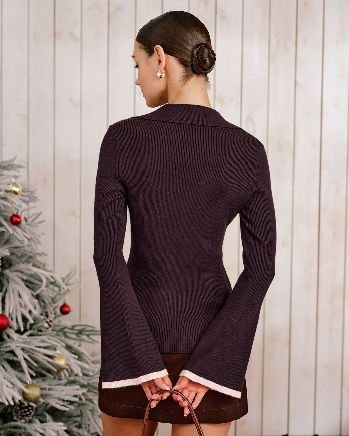 Purple Contrasting Bell Sleeve Knit Cardigan - Image 3