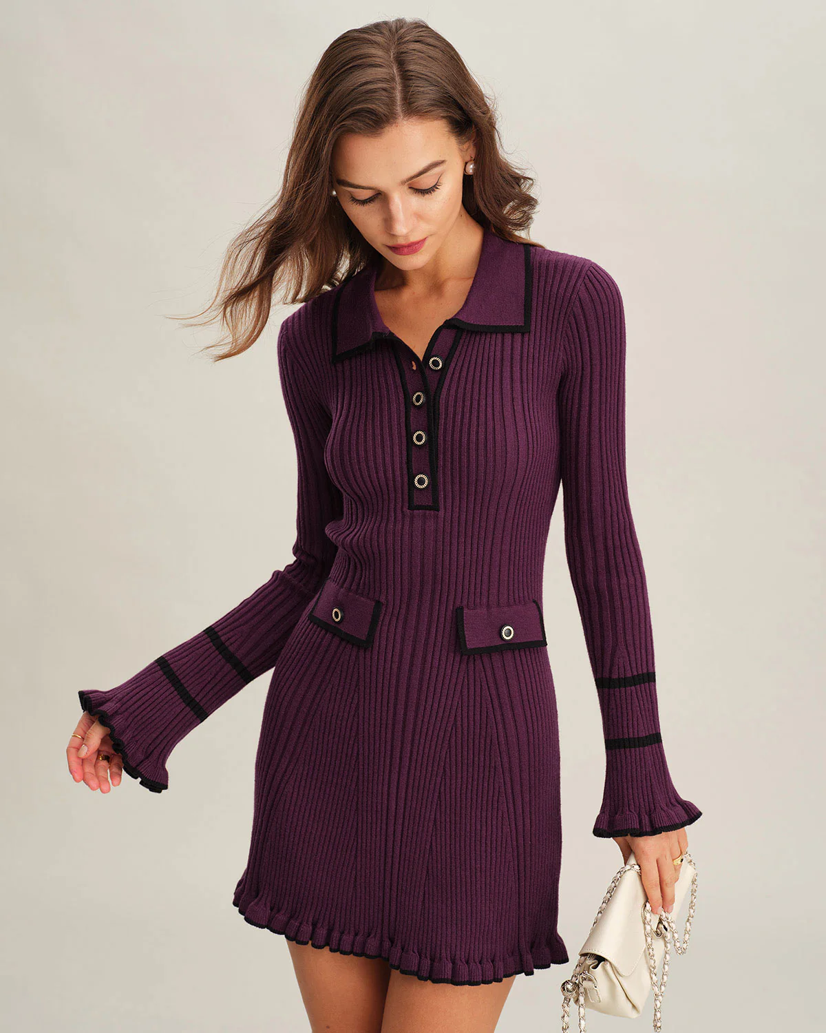 Purple  Contrasting Bell Sleeve Sweater Dress - Image 4