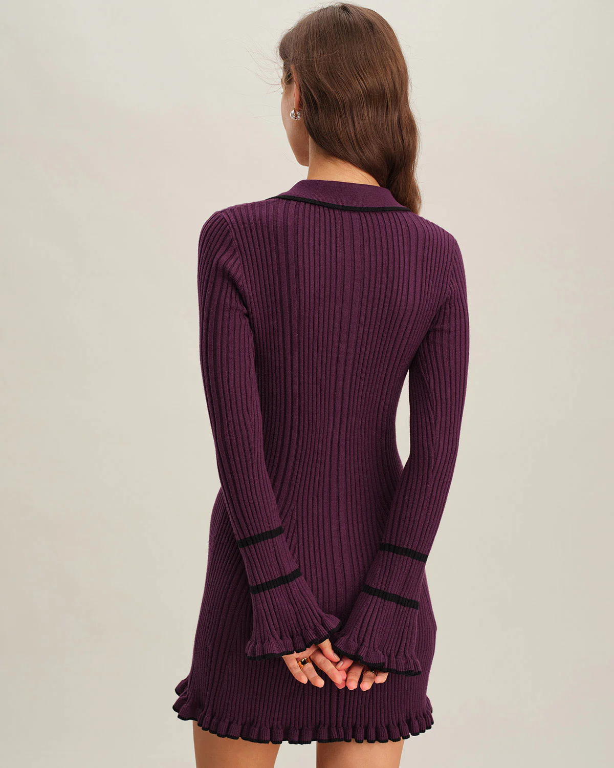 Purple  Contrasting Bell Sleeve Sweater Dress - Image 5
