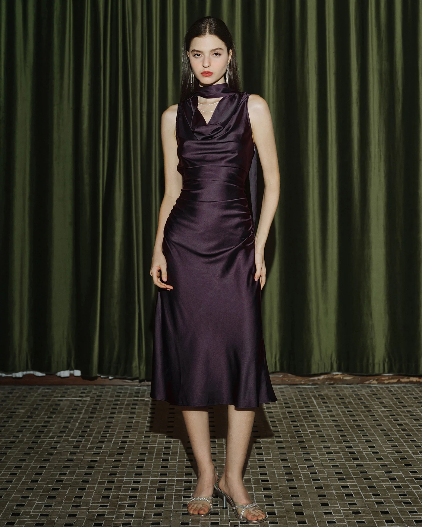 Purple Cowl Neck Mermaid Satin Midi Dress - Image 3