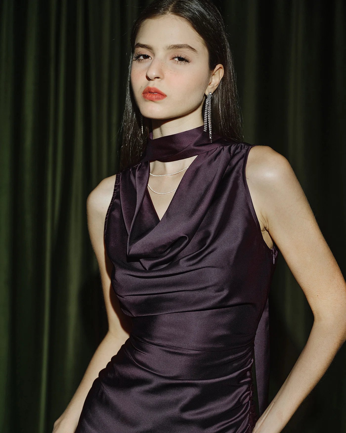 Purple Cowl Neck Mermaid Satin Midi Dress - Image 5
