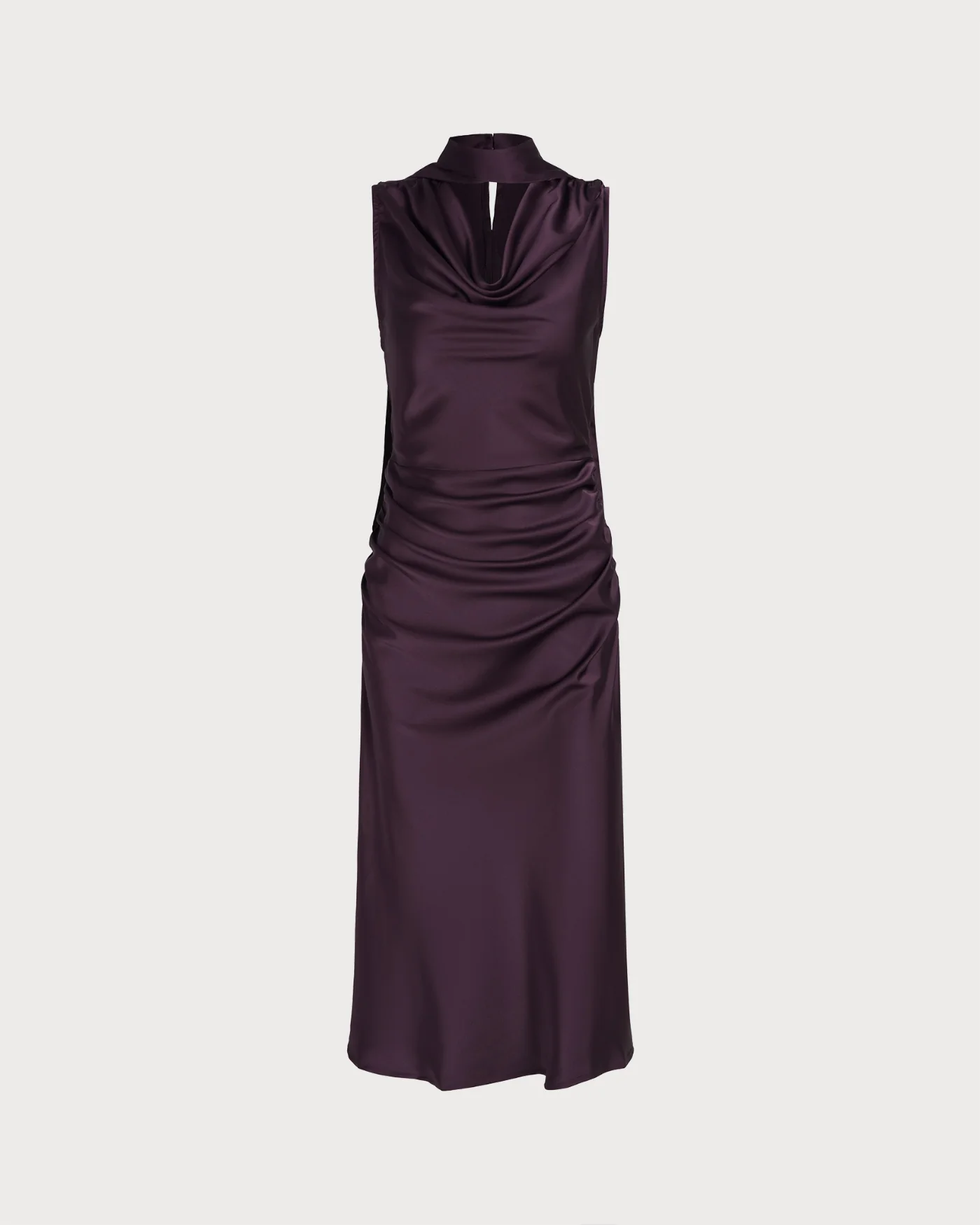 Purple Cowl Neck Mermaid Satin Midi Dress - Image 8