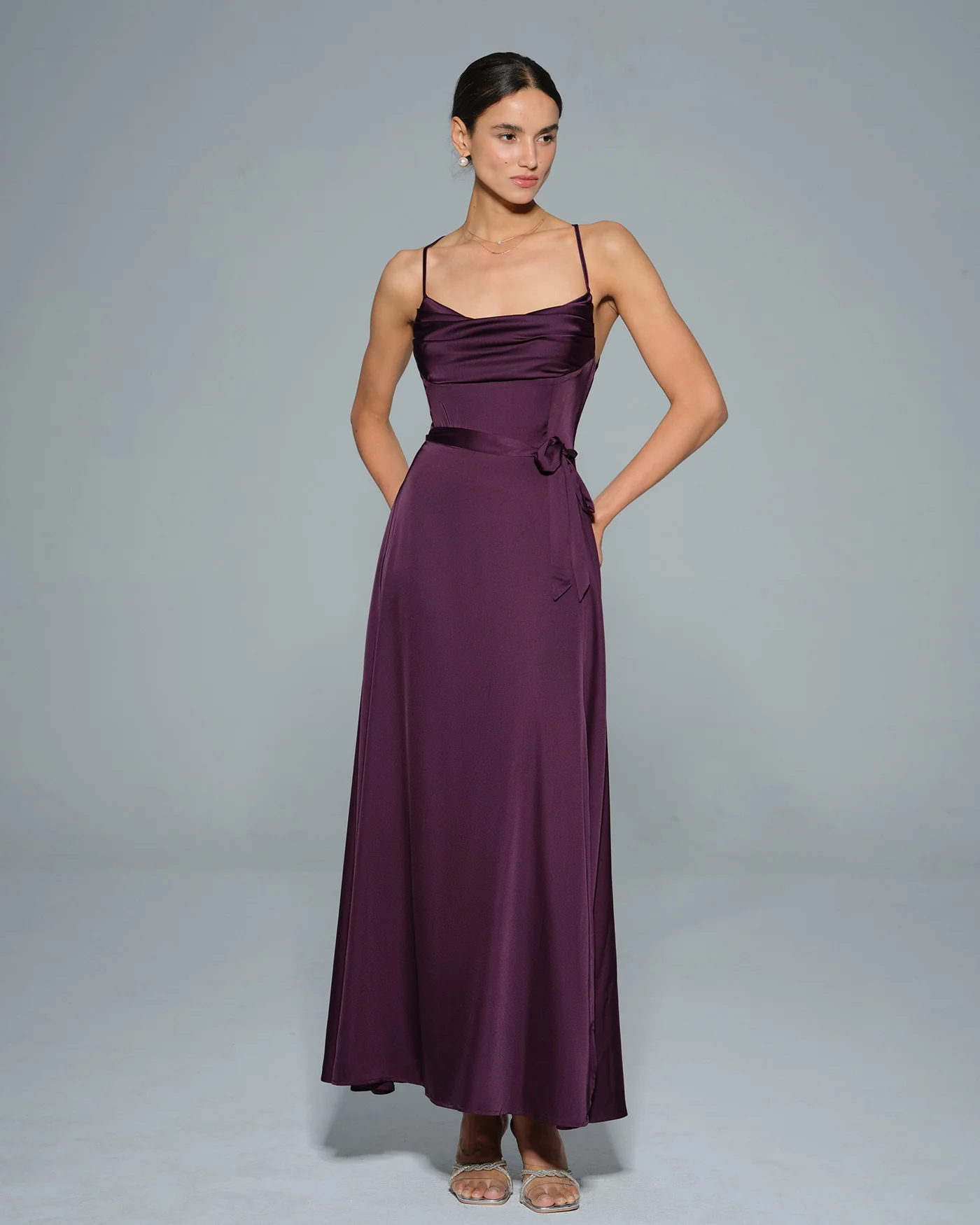 Purple Cowl Neck Satin Maxi Dress - Image 2