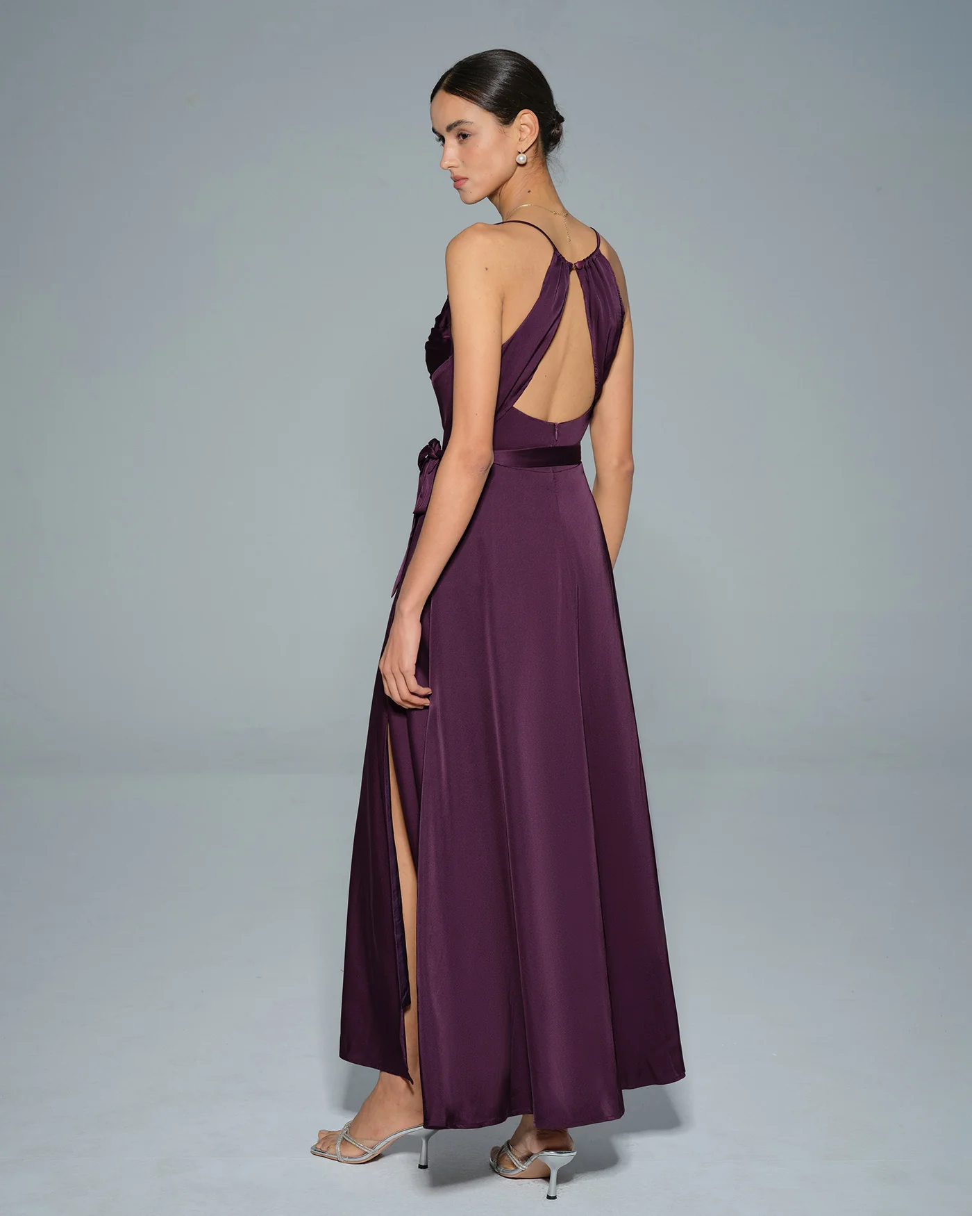 Purple Cowl Neck Satin Maxi Dress - Image 4