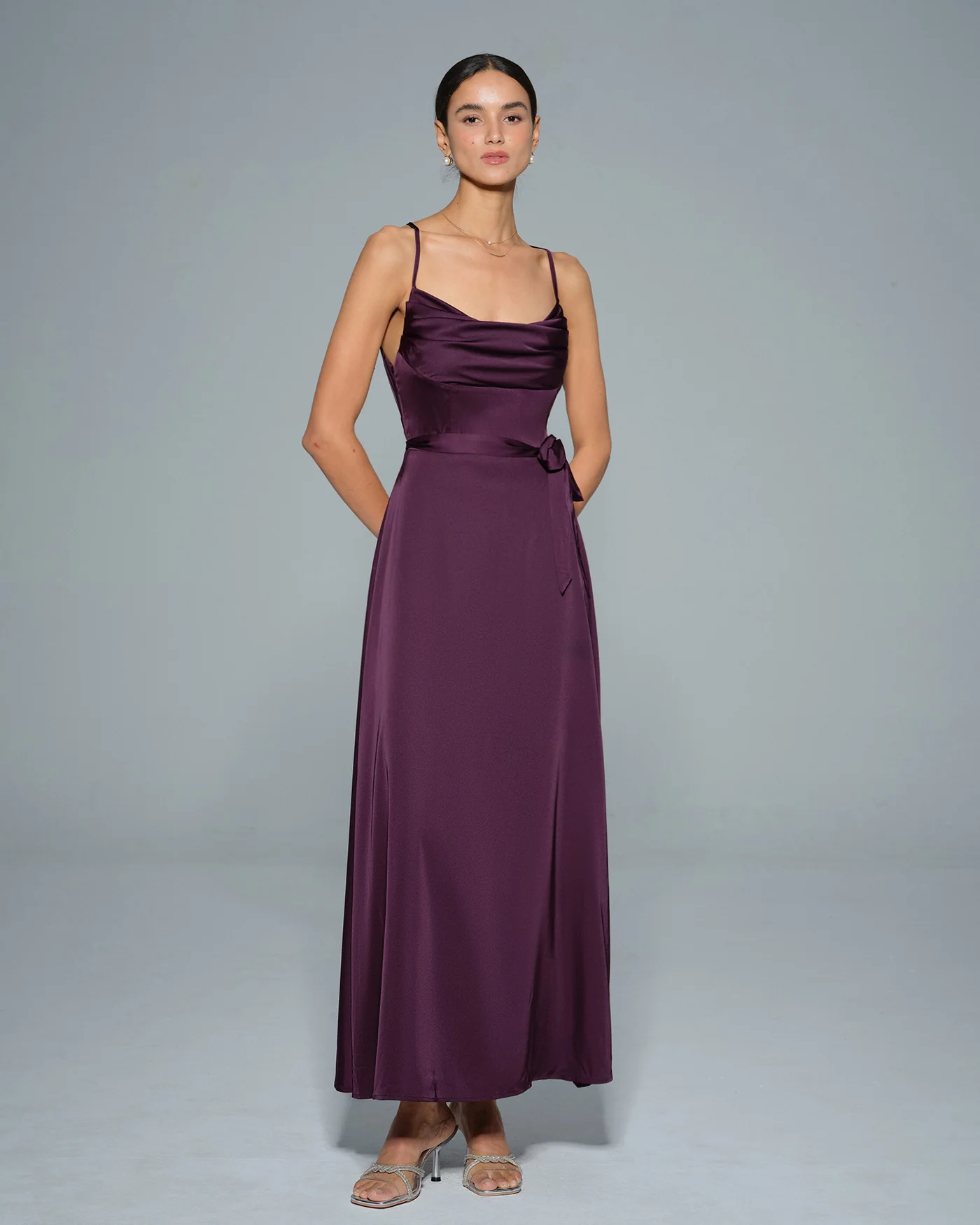 Purple Cowl Neck Satin Maxi Dress - Image 5