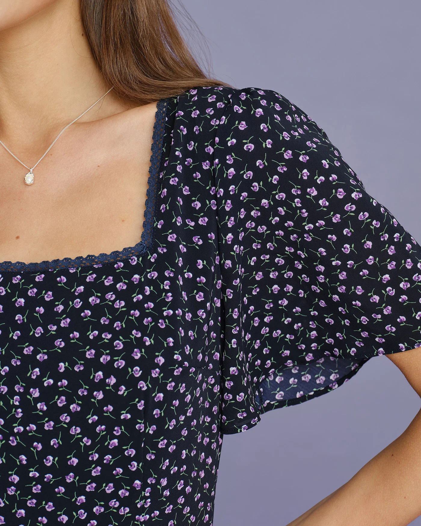 Purple Floral Butterfly Sleeve Midi Dress - Image 2