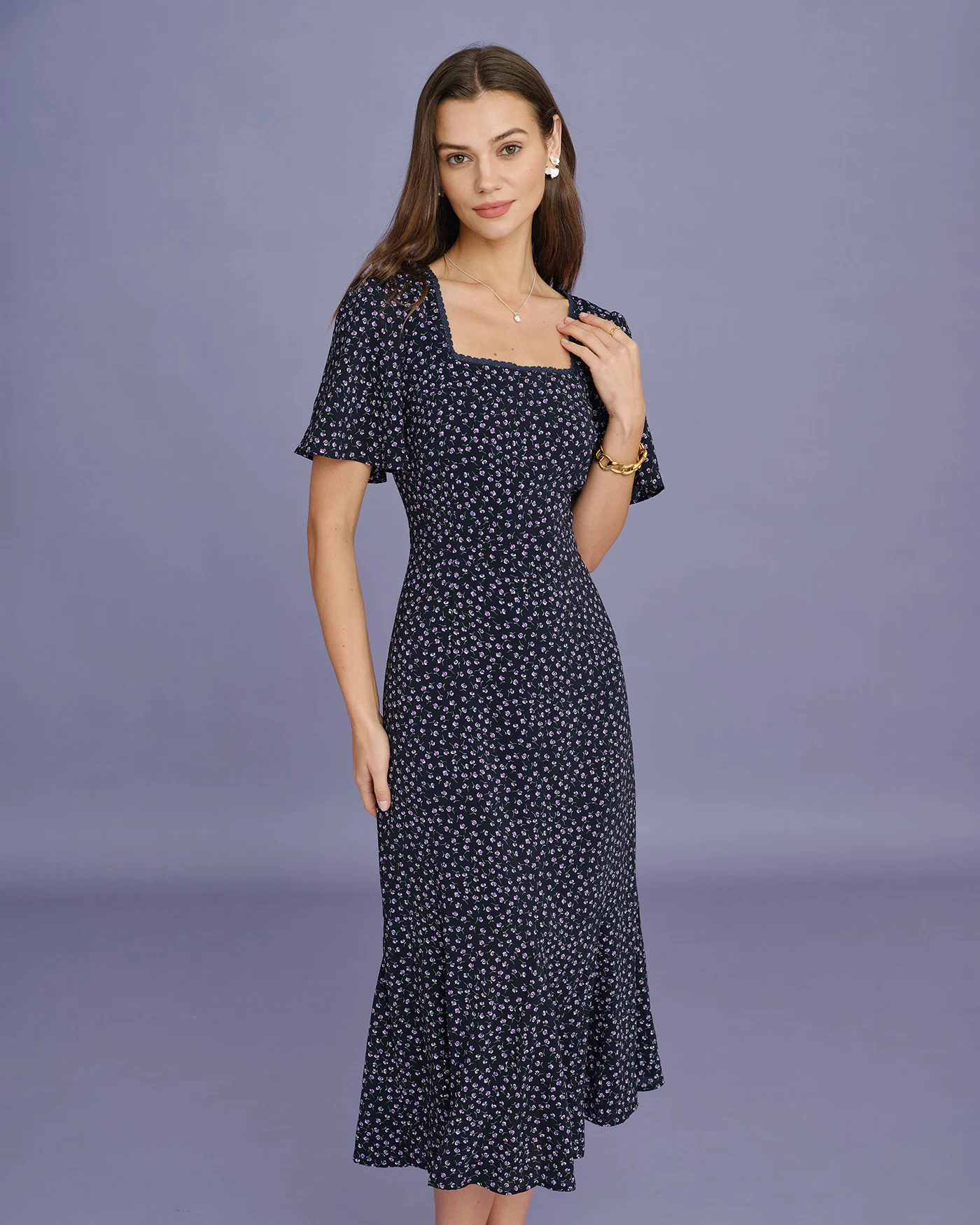 Purple Floral Butterfly Sleeve Midi Dress - Image 3