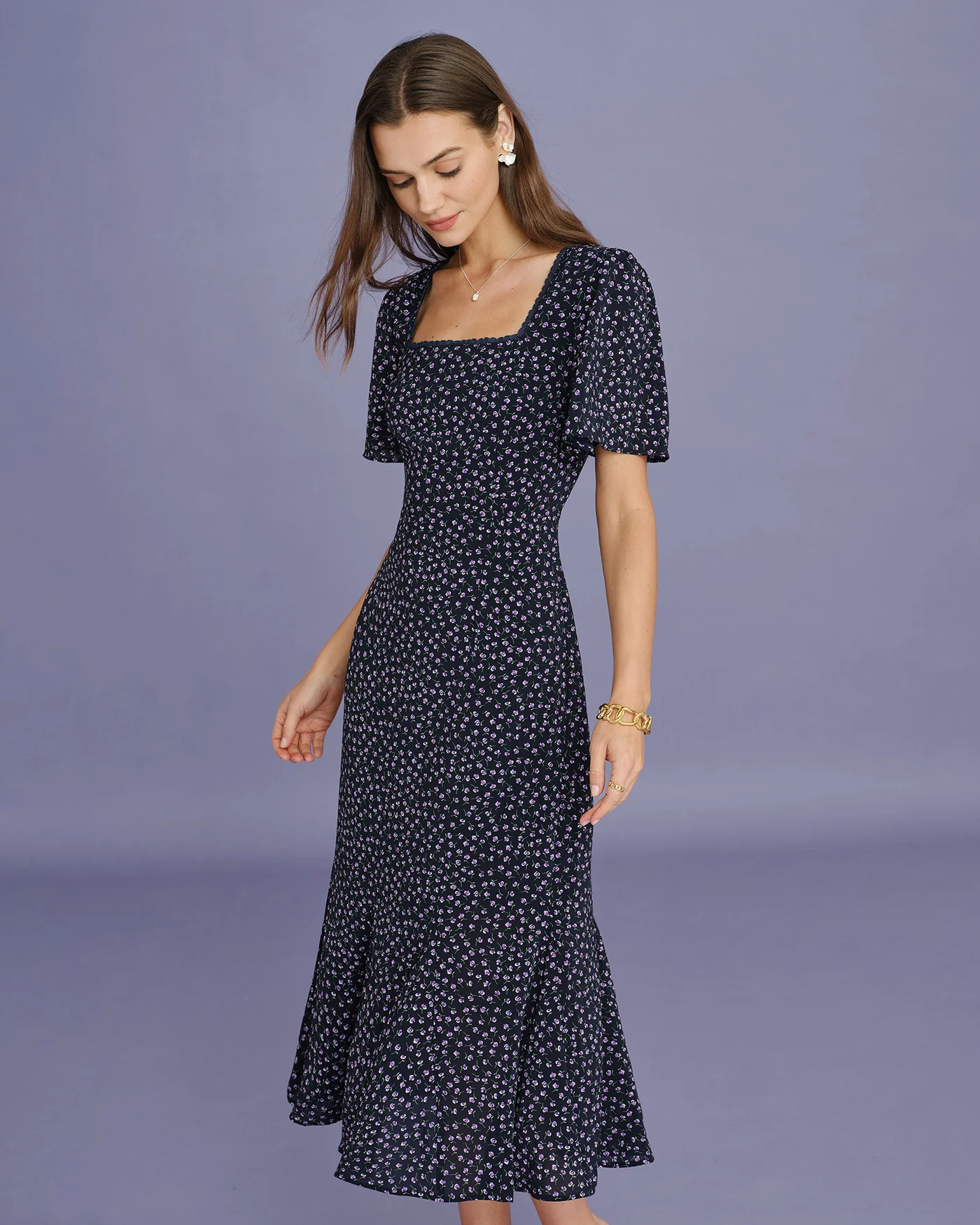 Purple Floral Butterfly Sleeve Midi Dress - Image 4