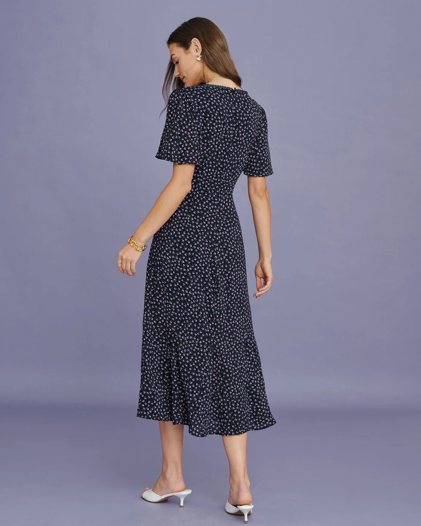 Purple Floral Butterfly Sleeve Midi Dress - Image 5