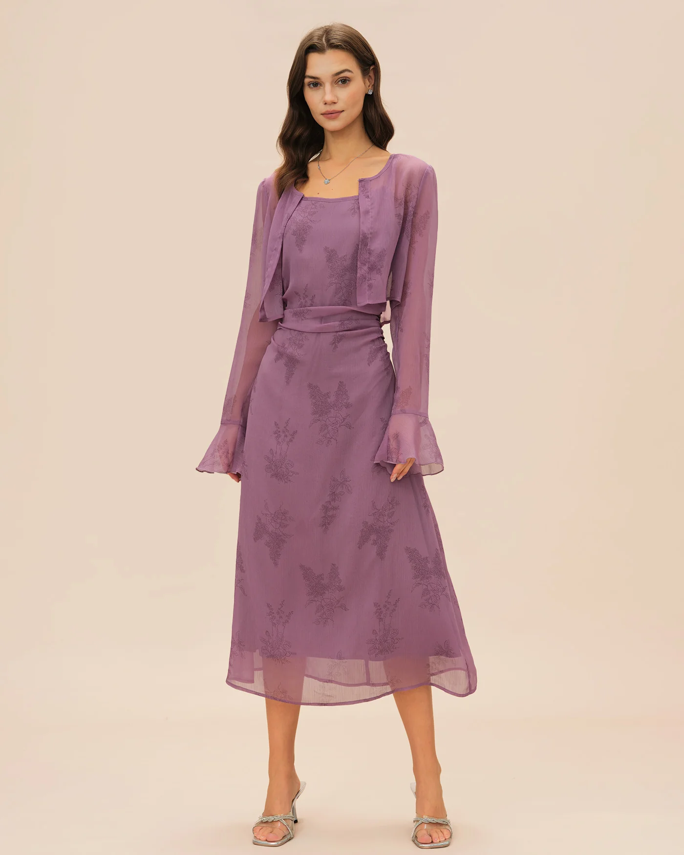 Purple Floral Ruched Slip Midi Dress - Image 3