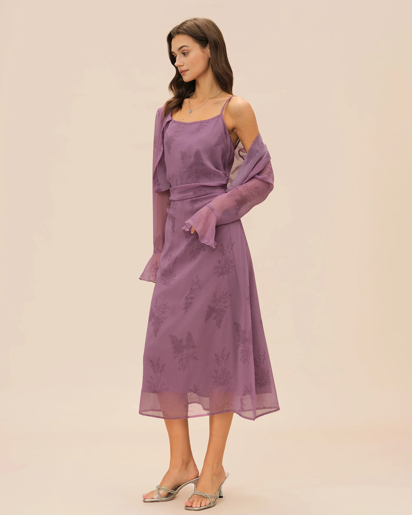 Purple Floral Ruched Slip Midi Dress - Image 4