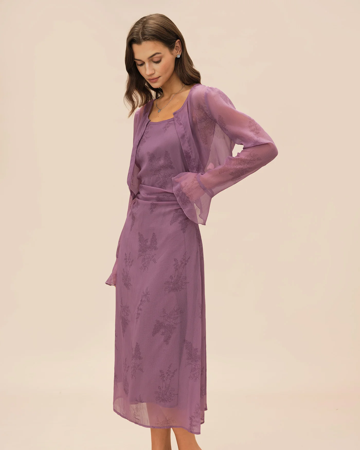 Purple Floral Ruched Slip Midi Dress - Image 5