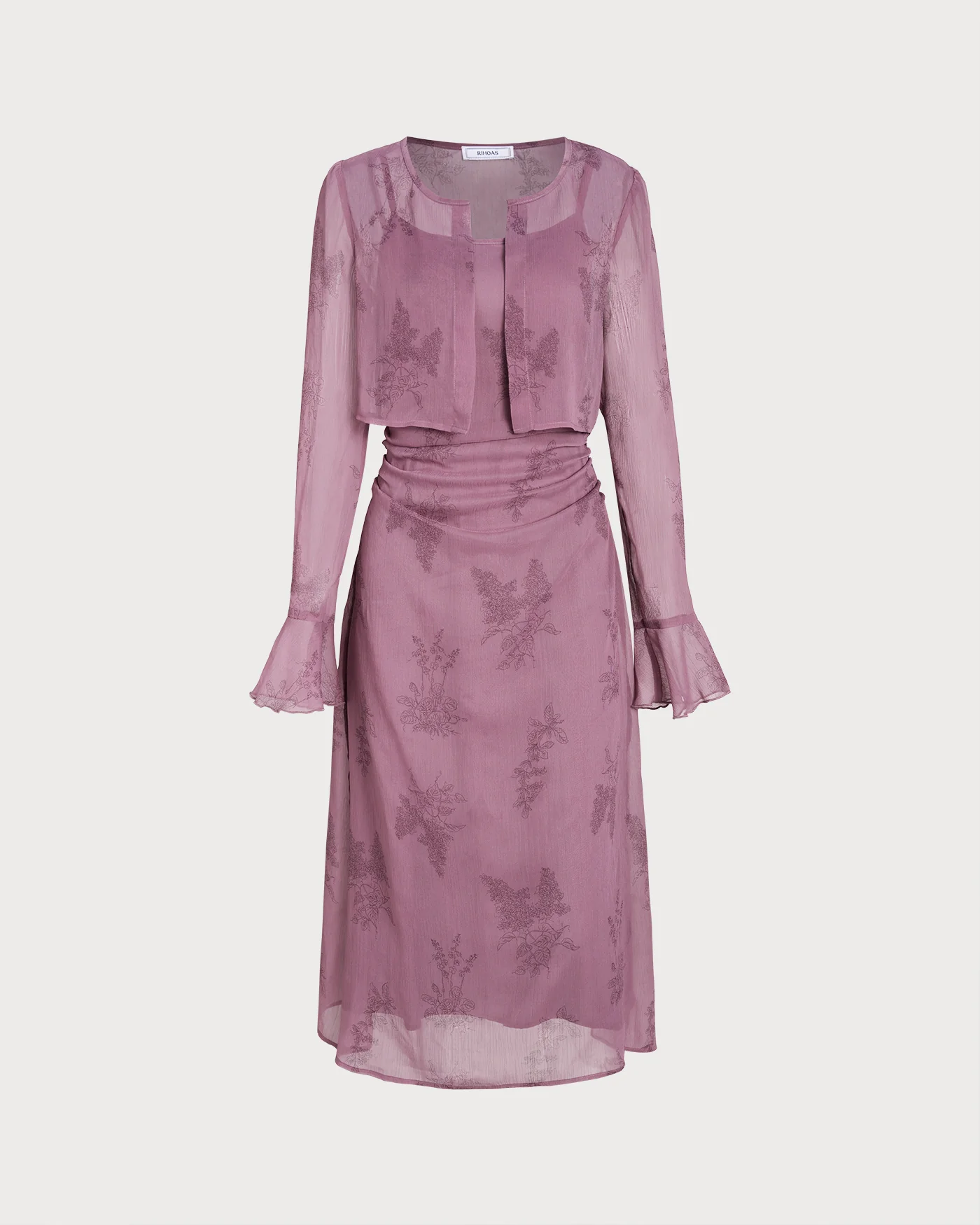 Purple Floral Ruched Slip Midi Dress - Image 7