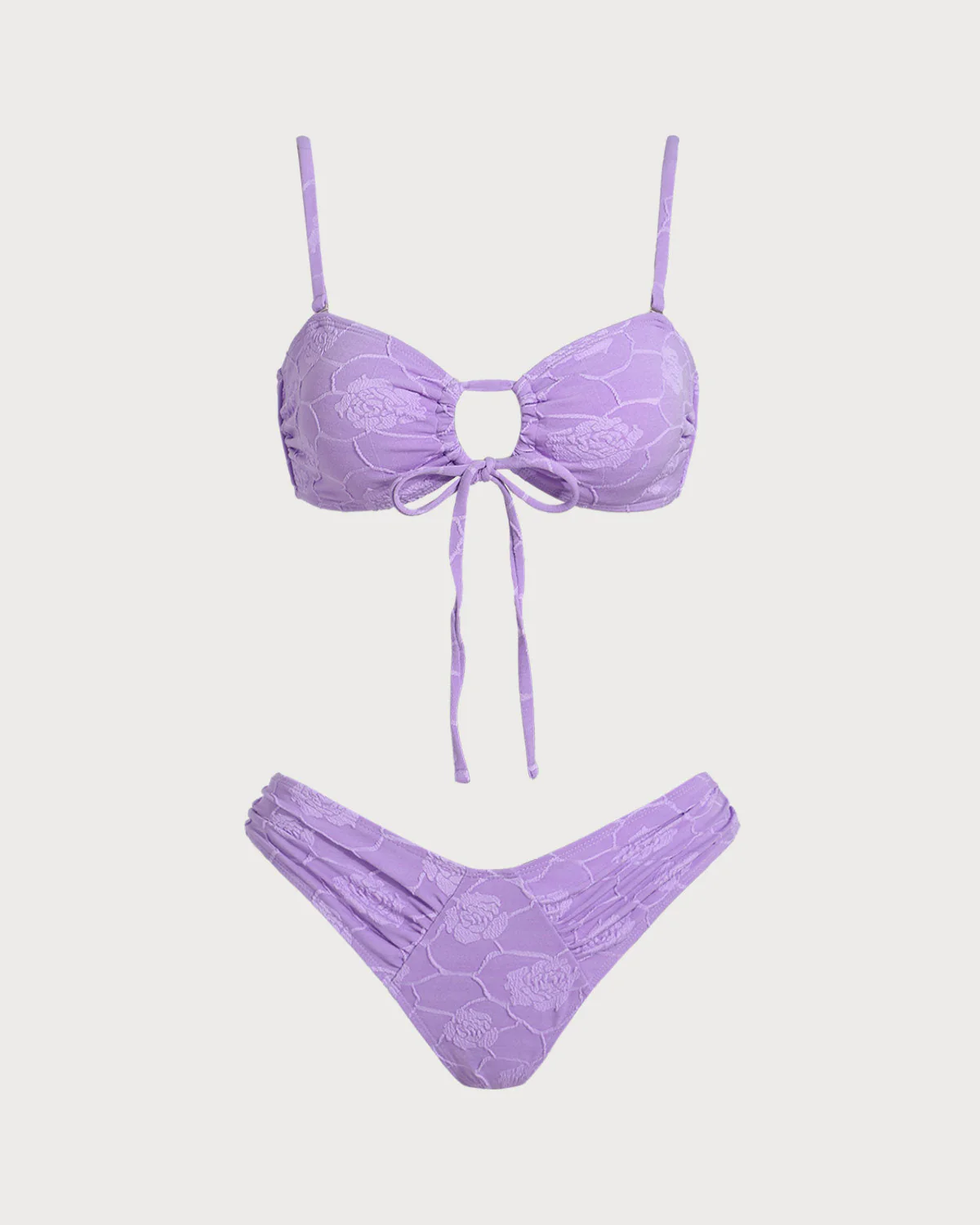 Purple Floral Textured Bandeau Bikini Set - Image 2