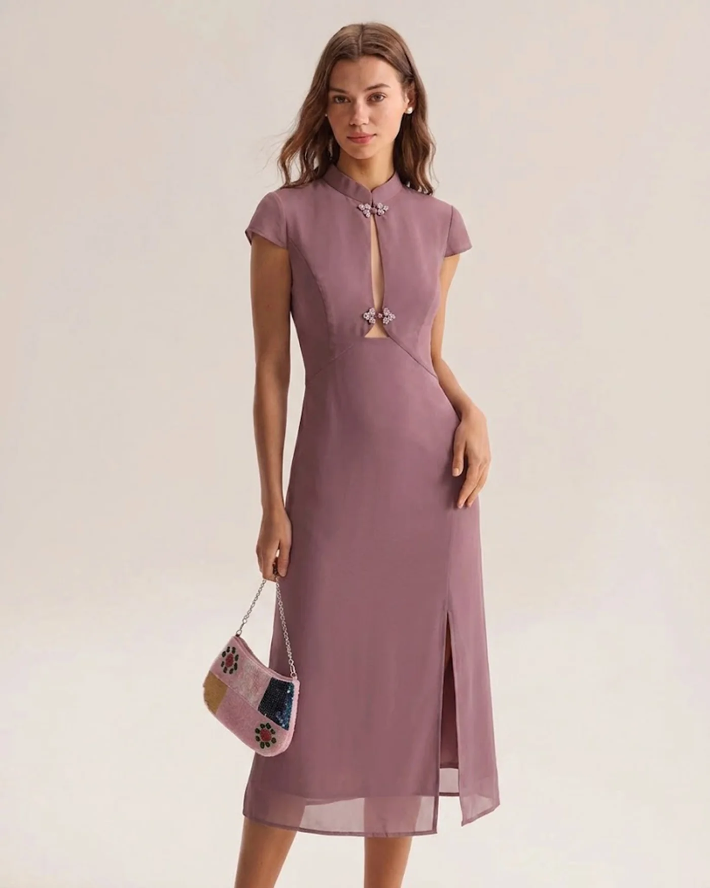 Purple Mandarin Collar Chiffon Midi Dress - Image 2