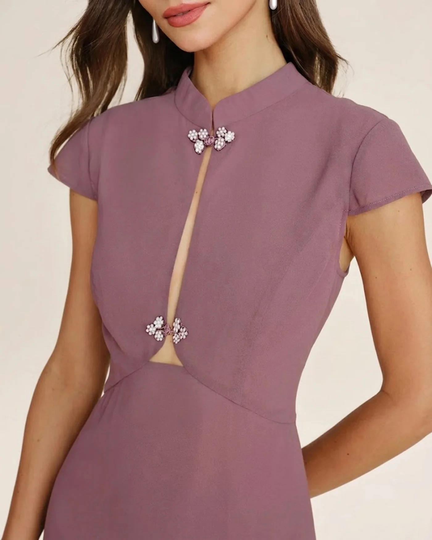 Purple Mandarin Collar Chiffon Midi Dress - Image 3
