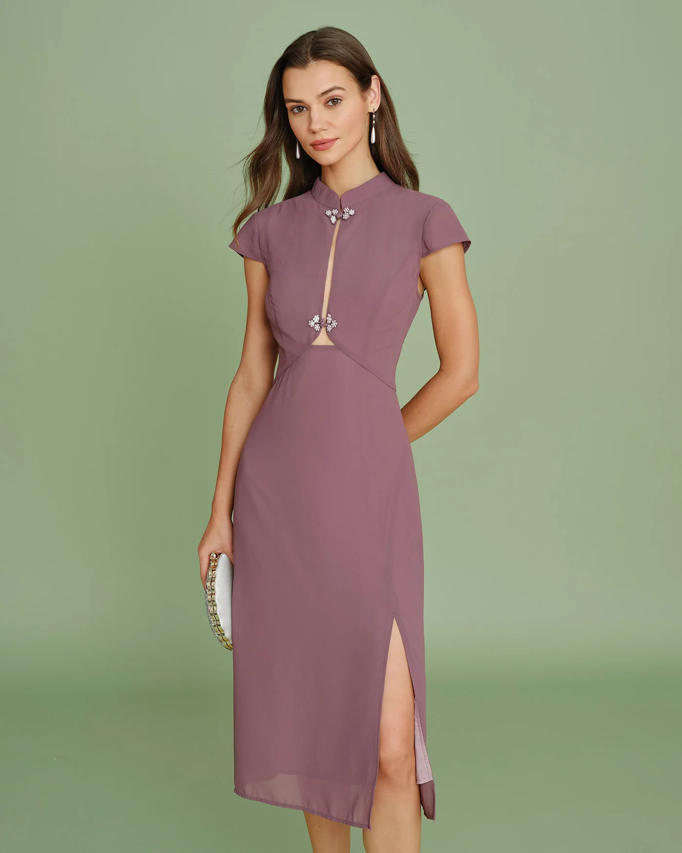 Purple Mandarin Collar Chiffon Midi Dress - Image 6