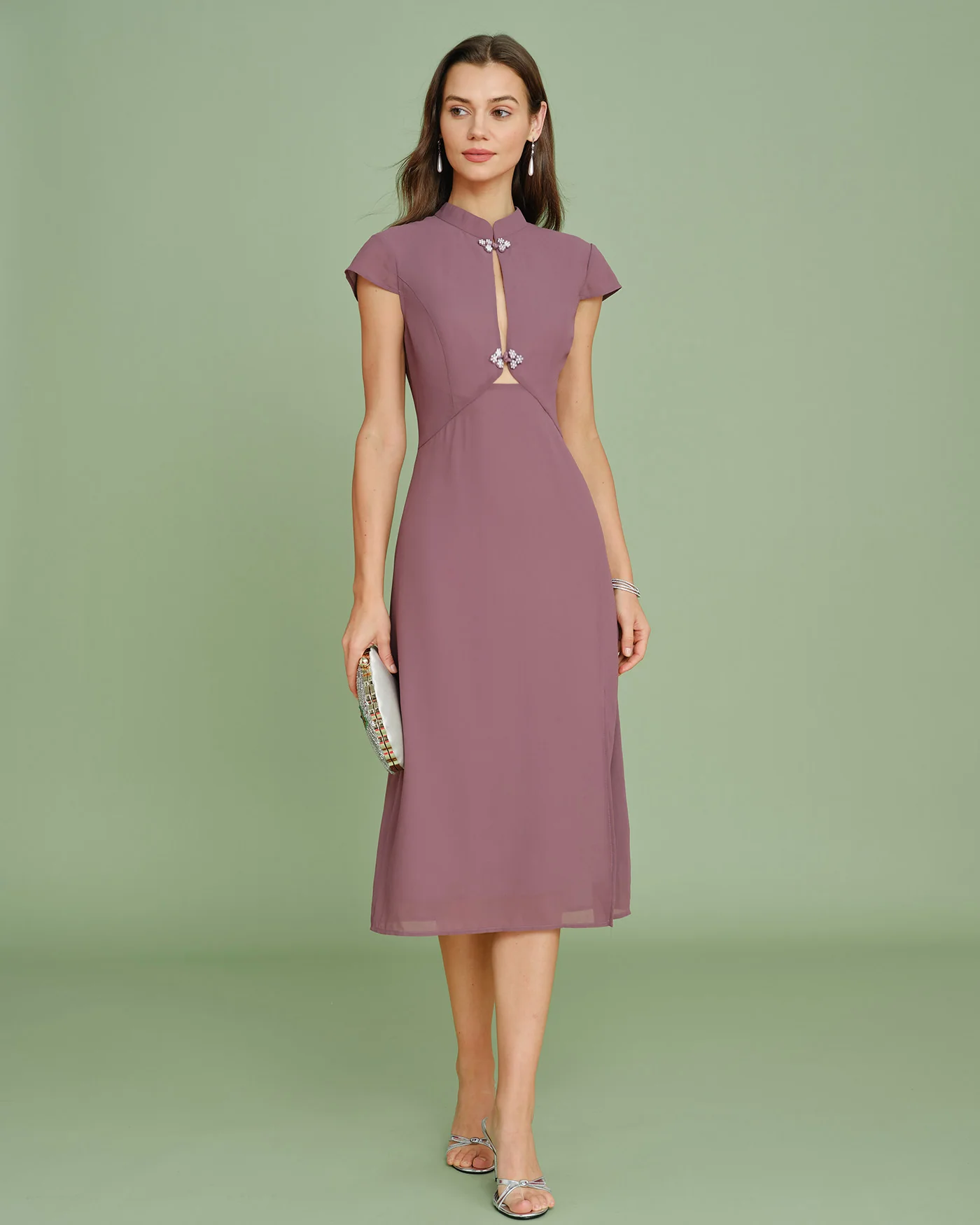 Purple Mandarin Collar Chiffon Midi Dress - Image 7