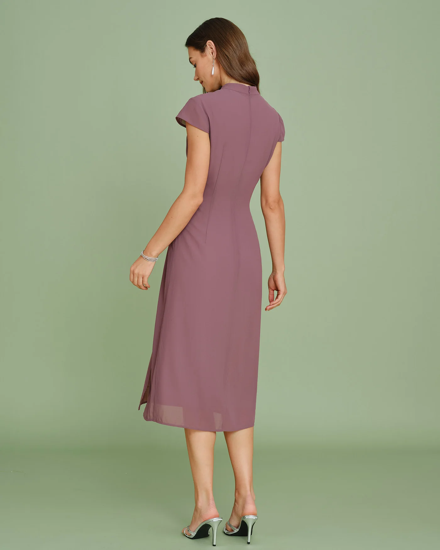 Purple Mandarin Collar Chiffon Midi Dress - Image 8