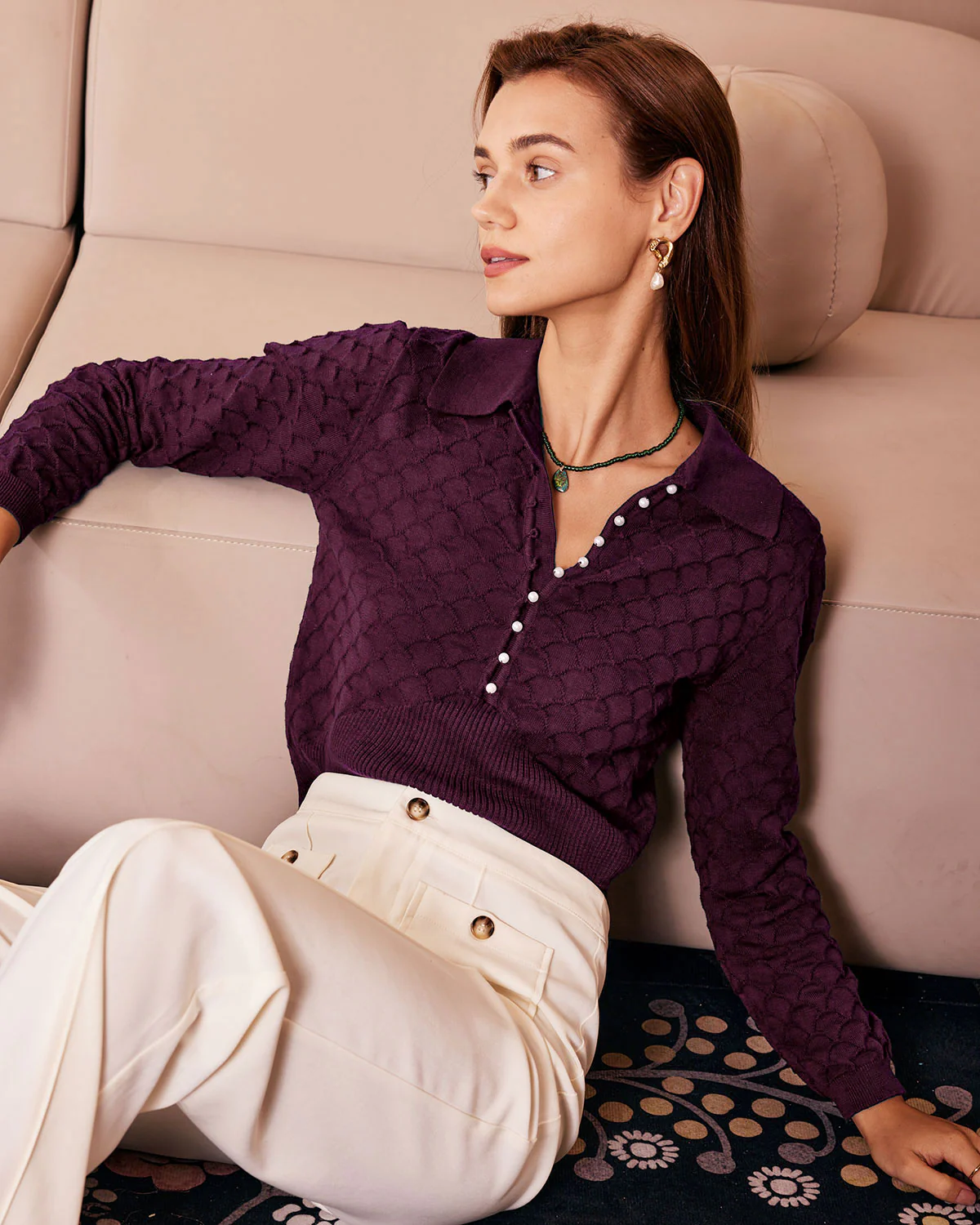 Purple Pearl Buttons Knit Tee - Image 3