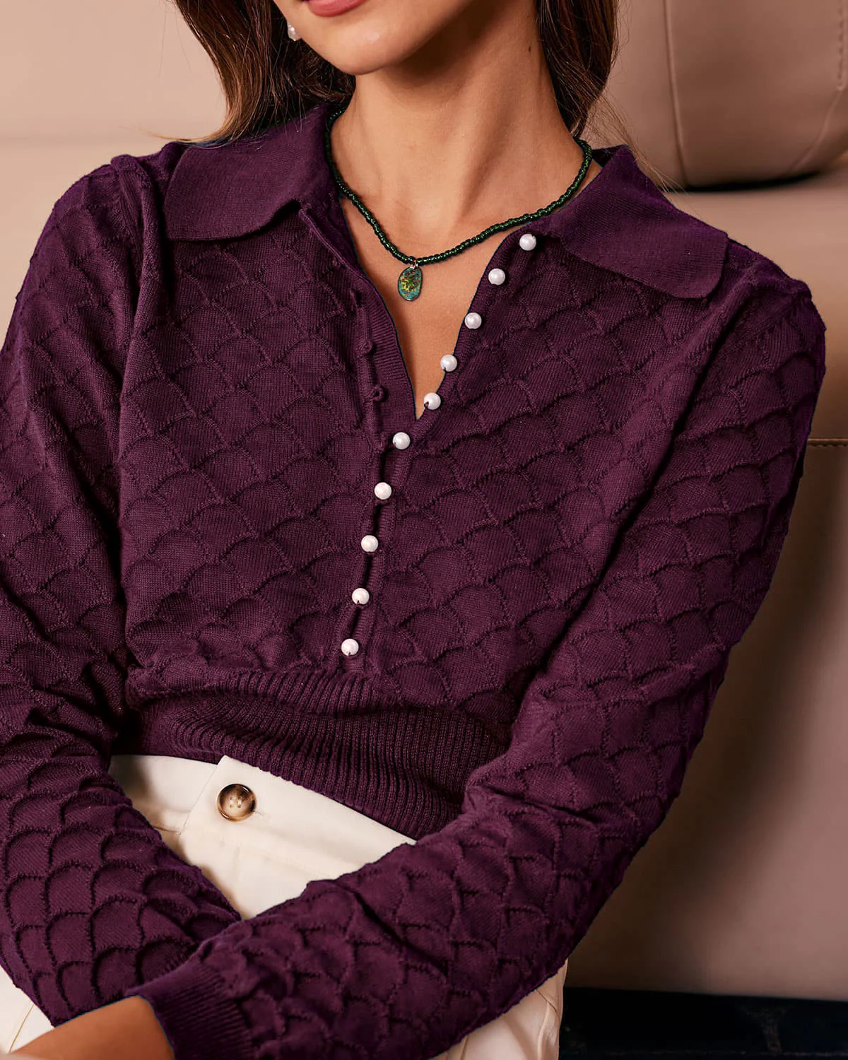 Purple Pearl Buttons Knit Tee - Image 4