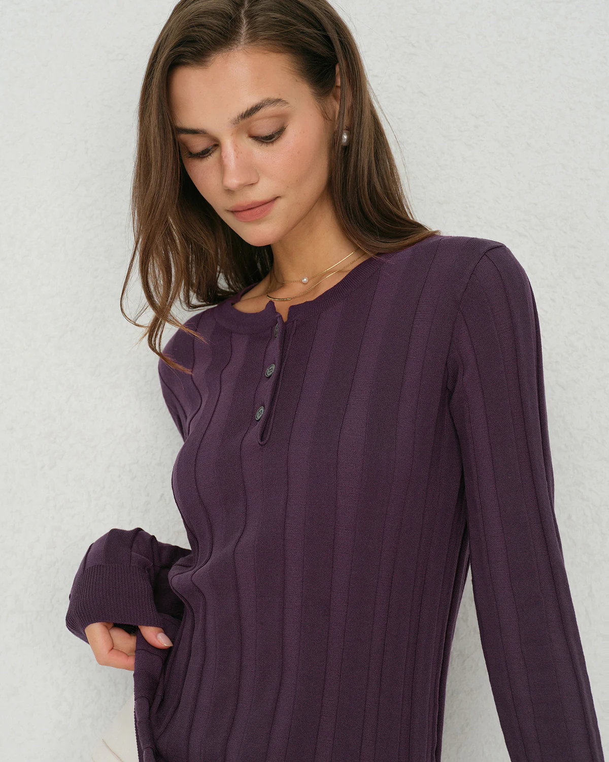 Purple Round Neck Slim Knit Tee - Image 2