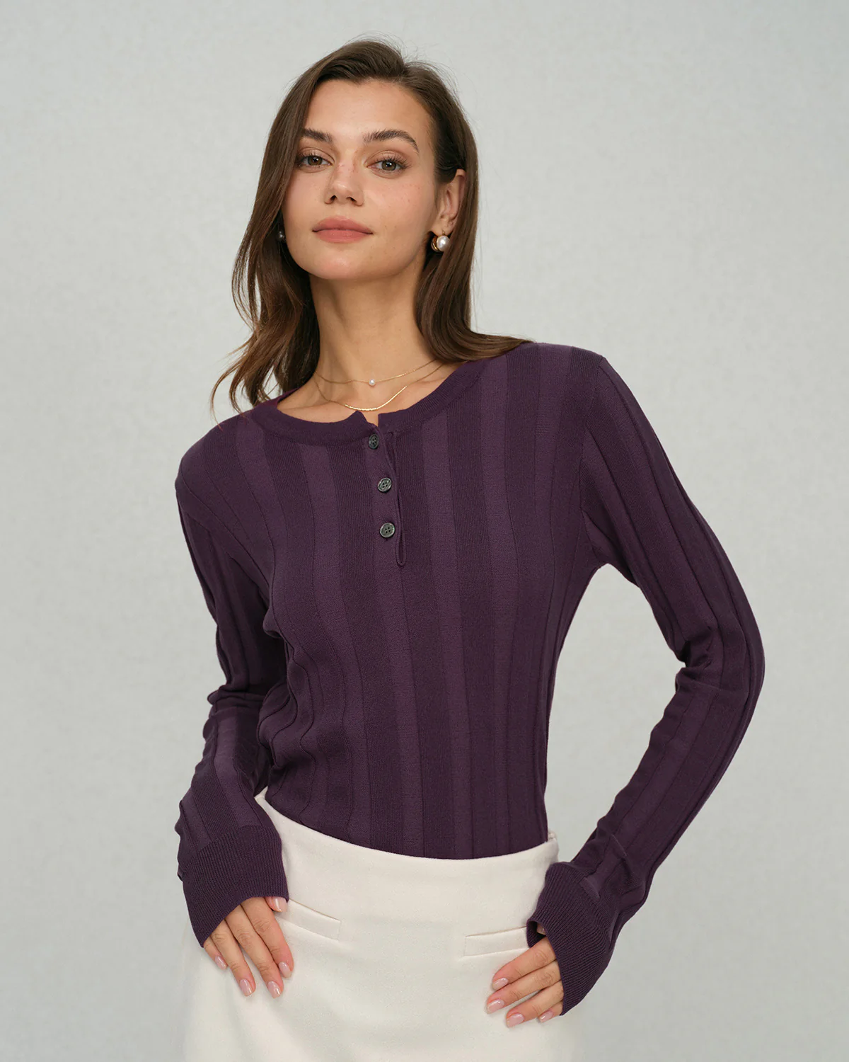Purple Round Neck Slim Knit Tee - Image 3