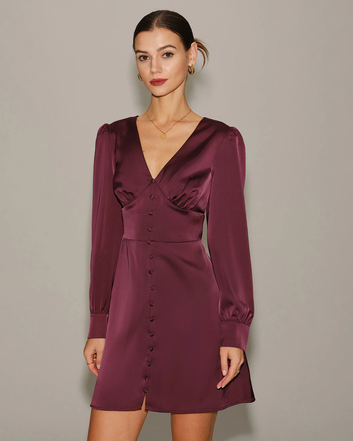 Purple Satin V Neck Mini Dress - Image 3