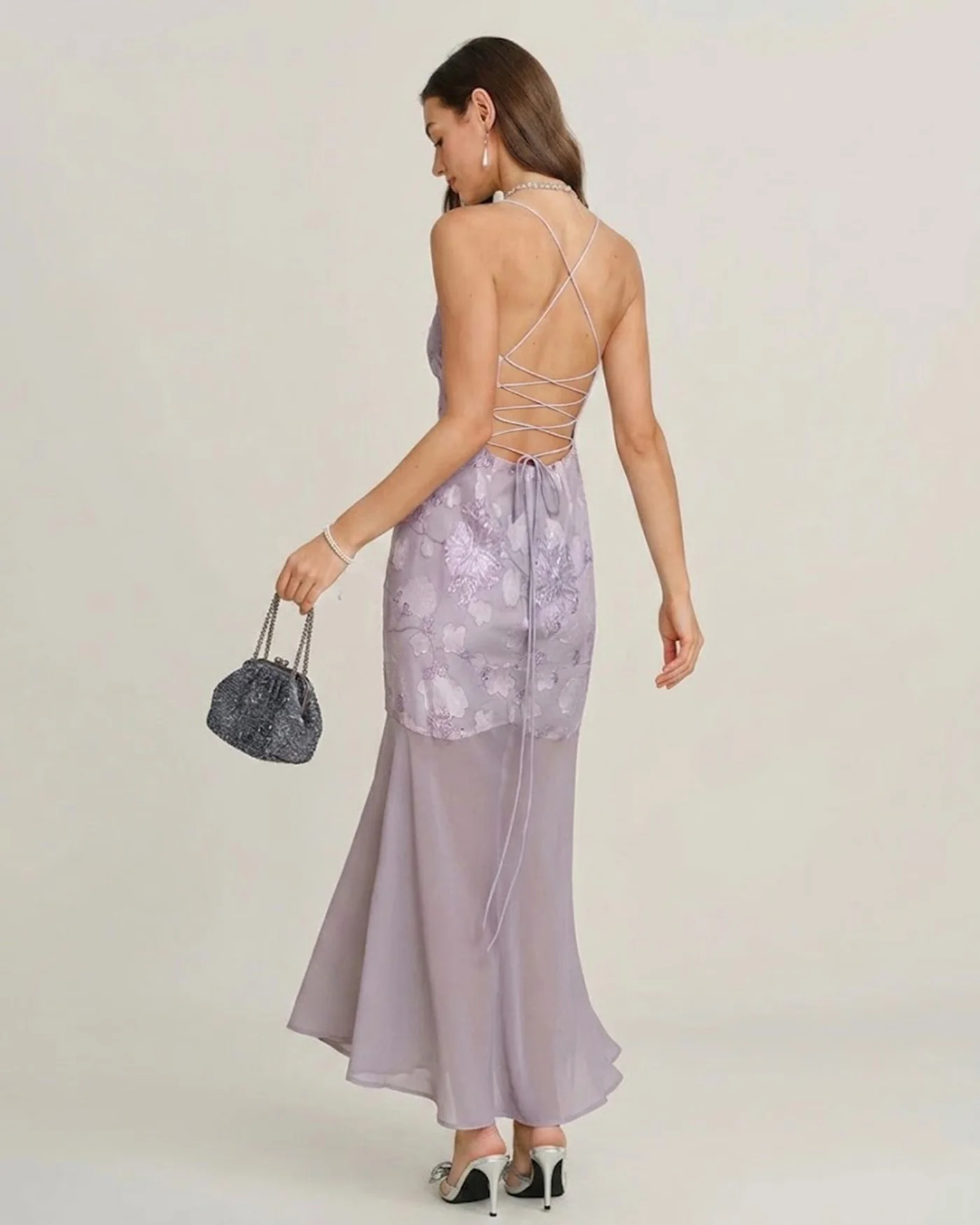Purple Sequins Jacquard Slip Maxi Dress - Image 4