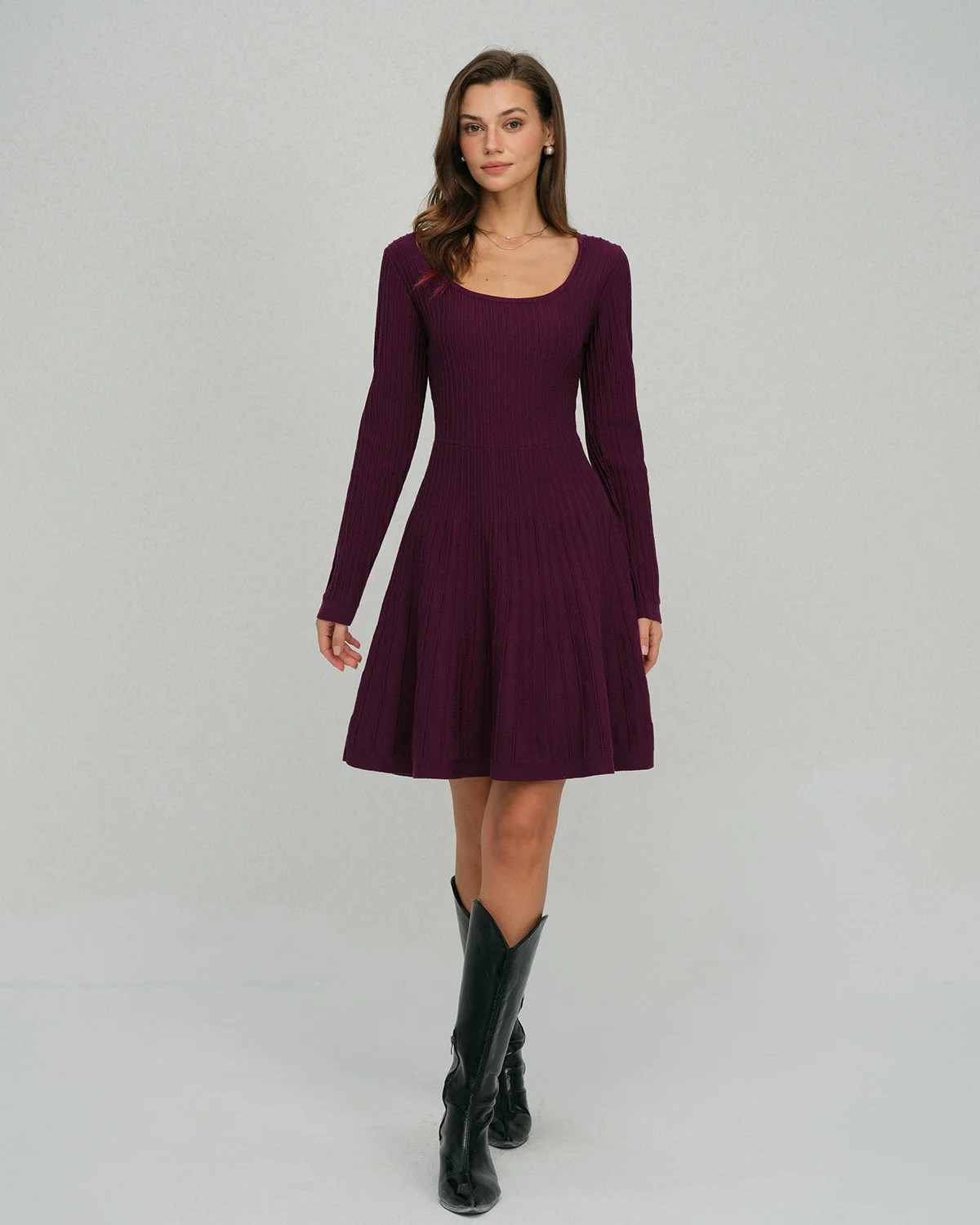 Purple Square Neck A-Line Sweater Dress - Image 3