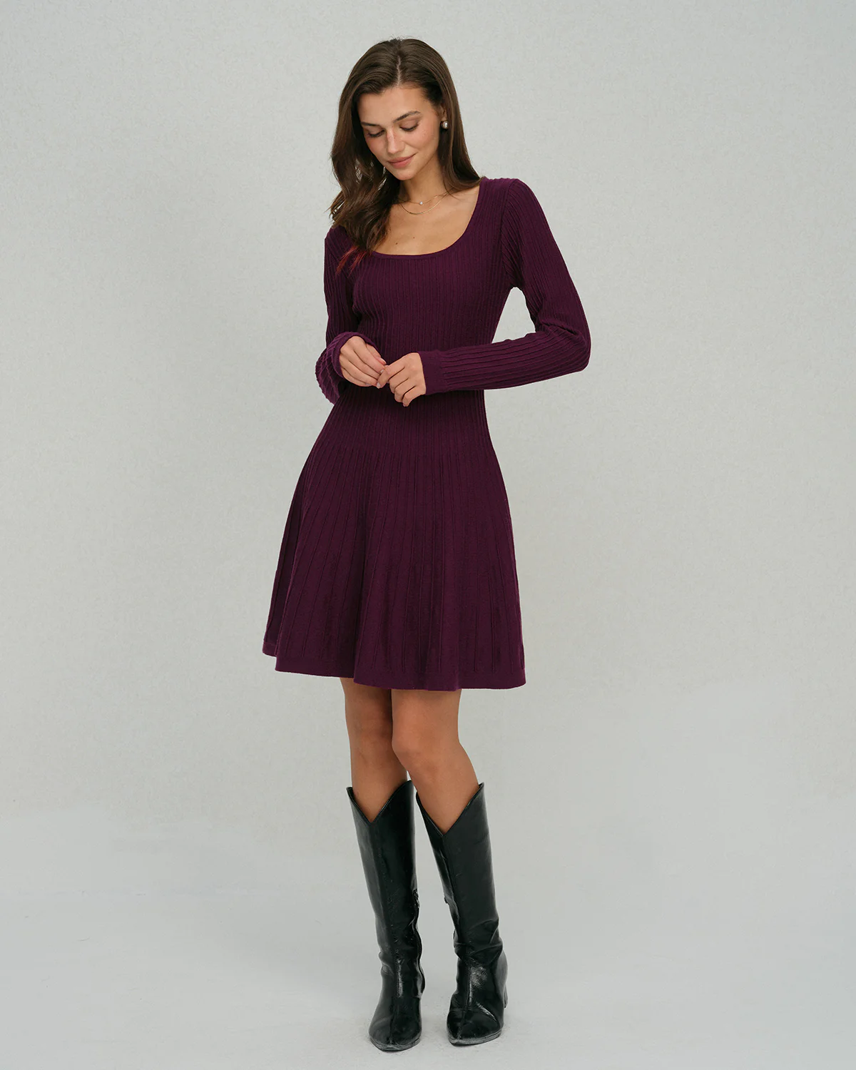 Purple Square Neck A-Line Sweater Dress - Image 4